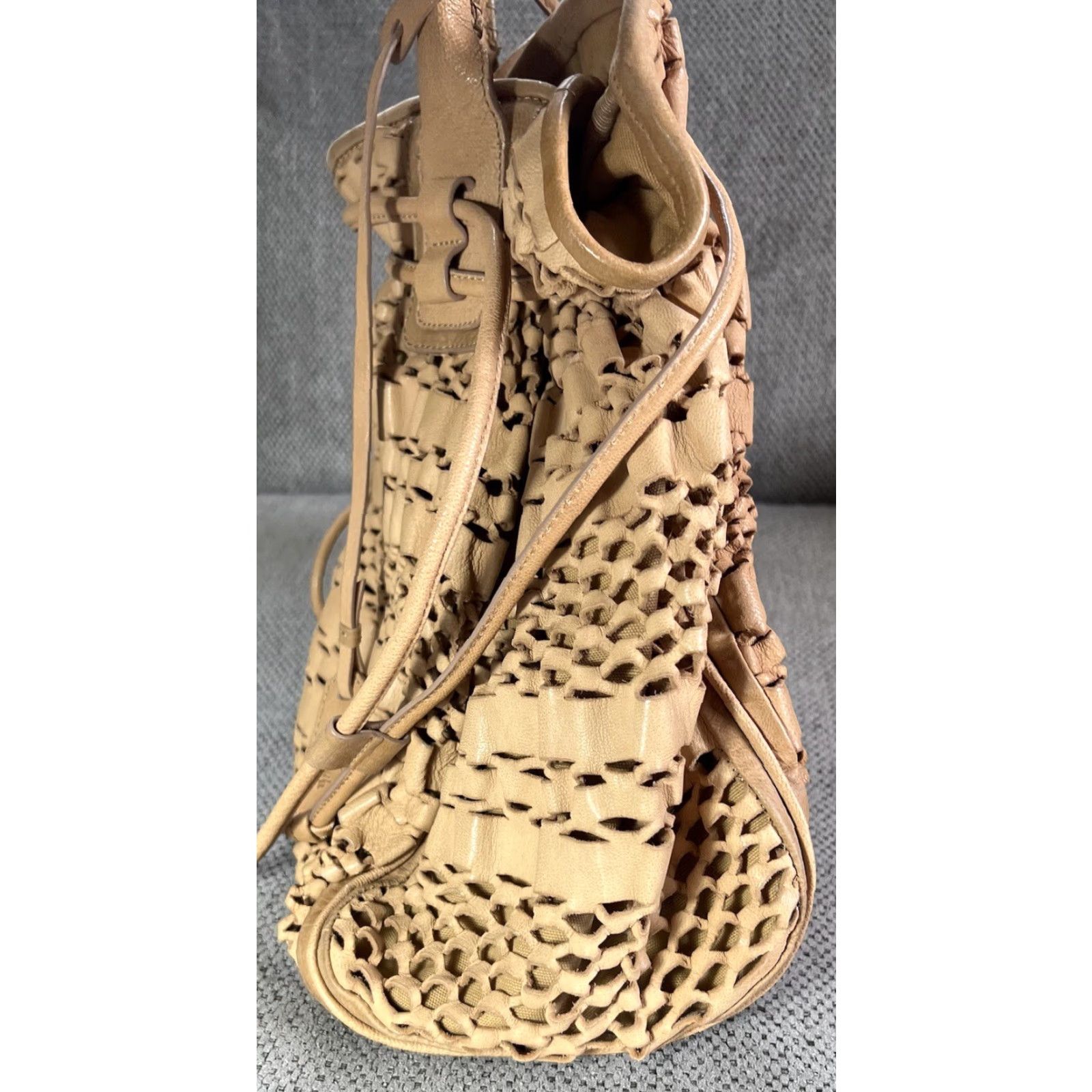Jean Paul Gaultier NICE! Jean Paul Gaultier Tan Leather Netting Bucket Bag Shoulder Bag Women Large Beige Canvas Lining Bag Charm 14” tall 15” wide 5” deep 9” strap drop Size 36" / US 14 / IT 50 - 4 Thumbnail