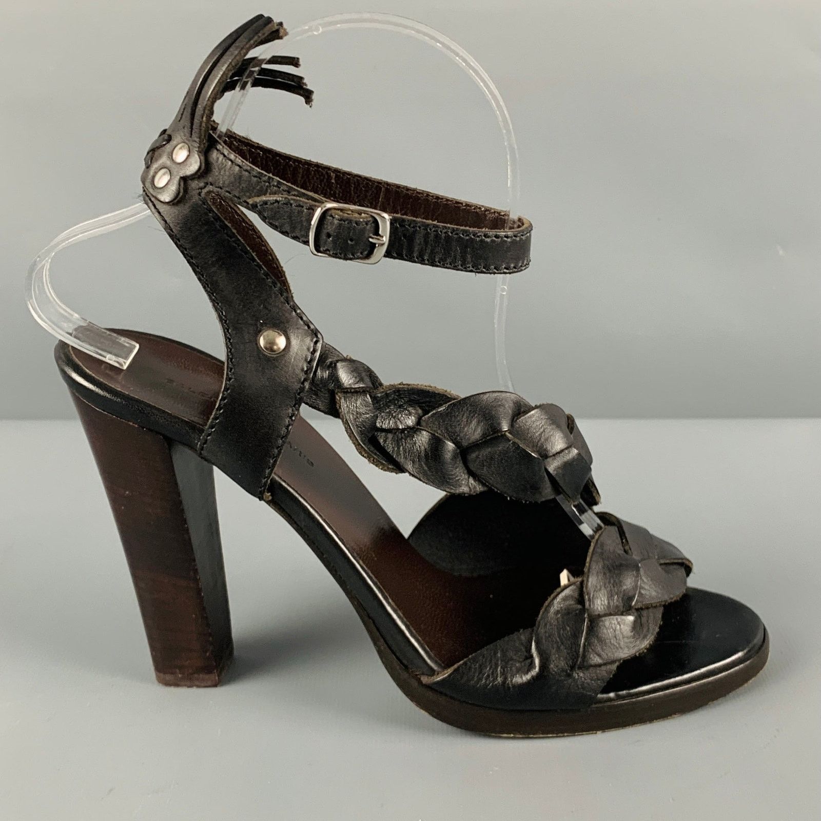 Balenciaga Size 8 Black Brown Leather Braided Chunky Heel Sandals Size US 8 / IT 38 - 2 Thumbnail