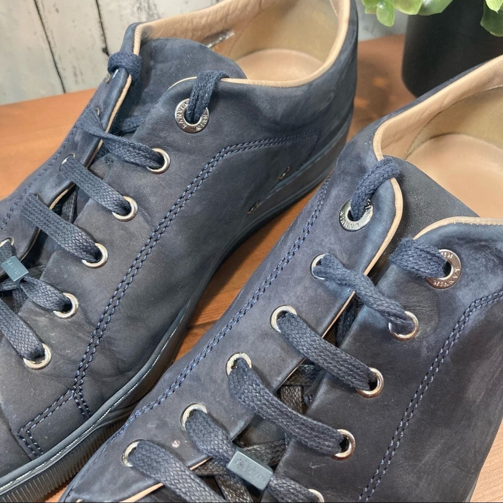 Lanvin Men's Dark Blue Calfskin Low Top Sneakers Size 8