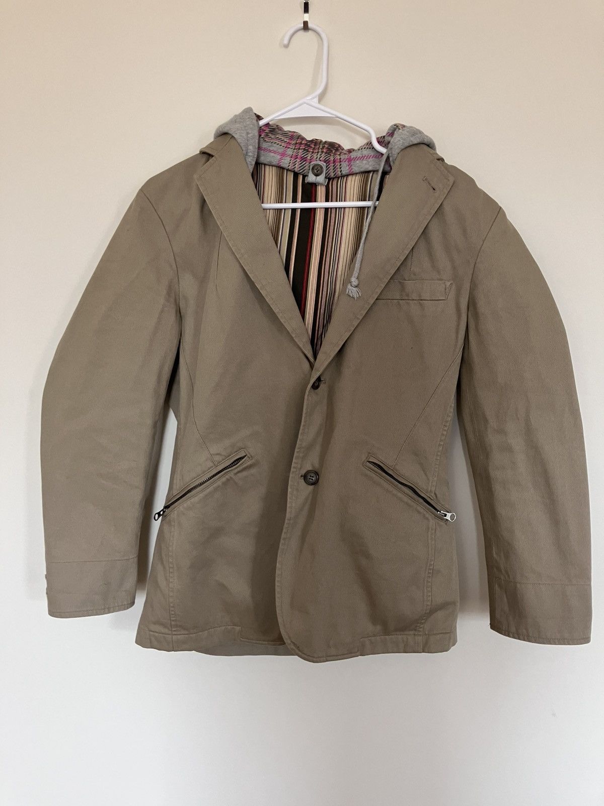 PPFM PPFM Beige Blazer w/ Patterned Plaid Hood Size 46L - 1 Thumbnail