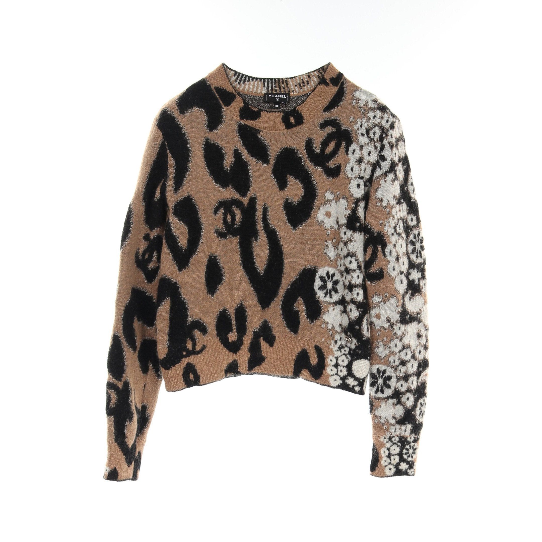 Chanel Coco Mark Sweater Knit Crew Neck Cashmere Mohair Light Brown Black White