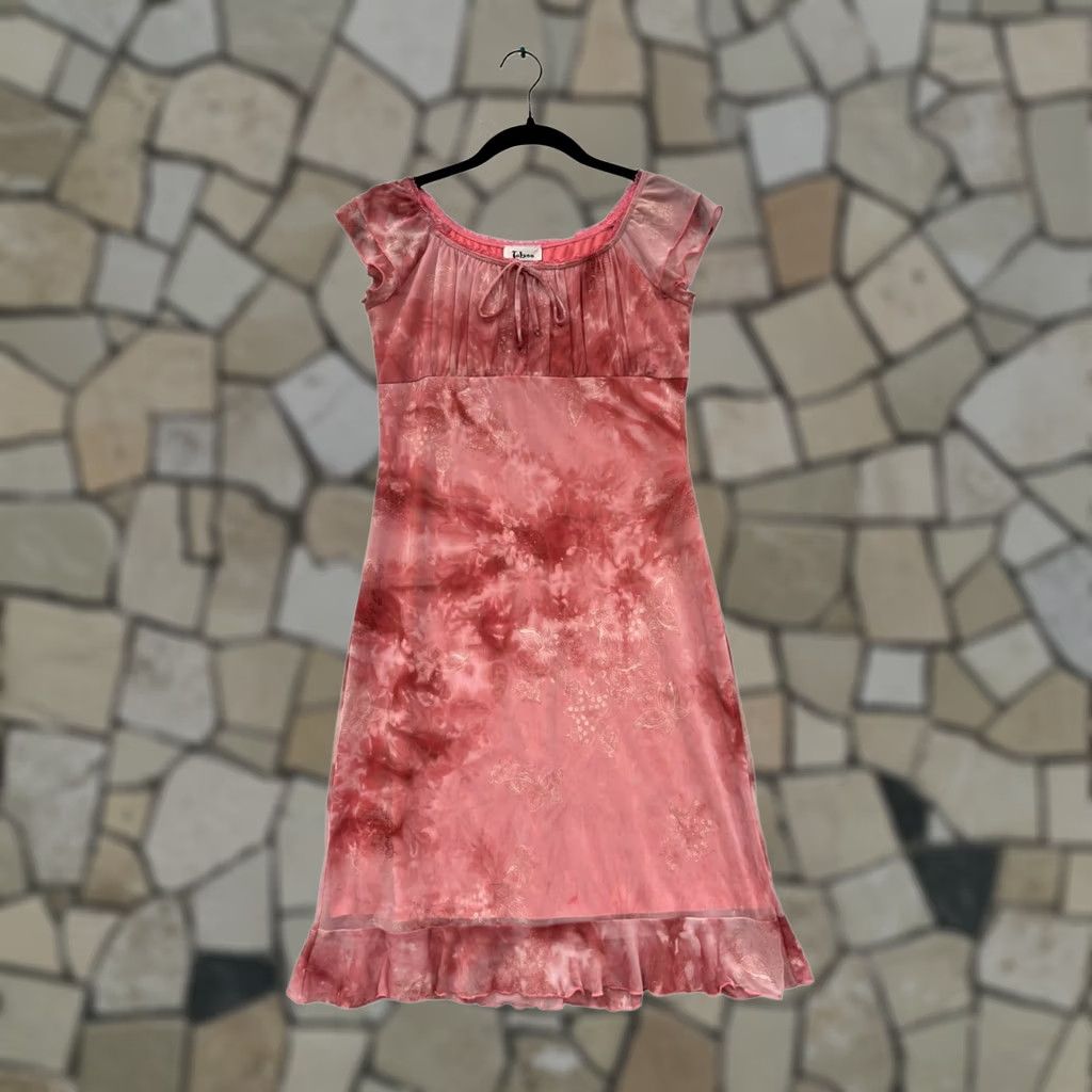 Pinko Women’s Pink Dress with Ruffles Cap Sleeves Scoop Neck Knee Length Large Taboo Printed Tie-Dye Floral 6091 Womens Size L / US 10 / IT 46 - 1 Thumbnail
