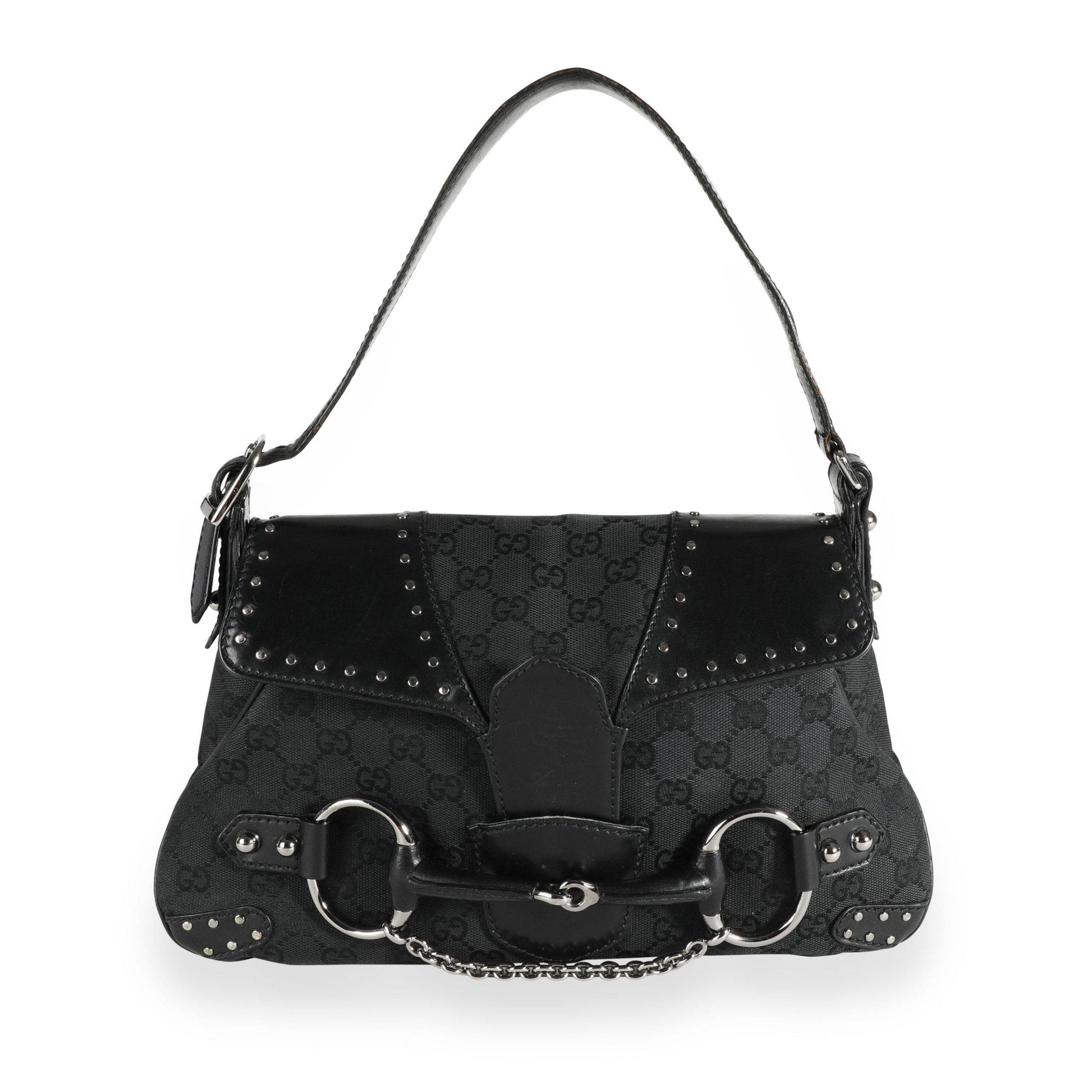 Gucci Black GG Canvas Horsebit Chain Shoulder Bag