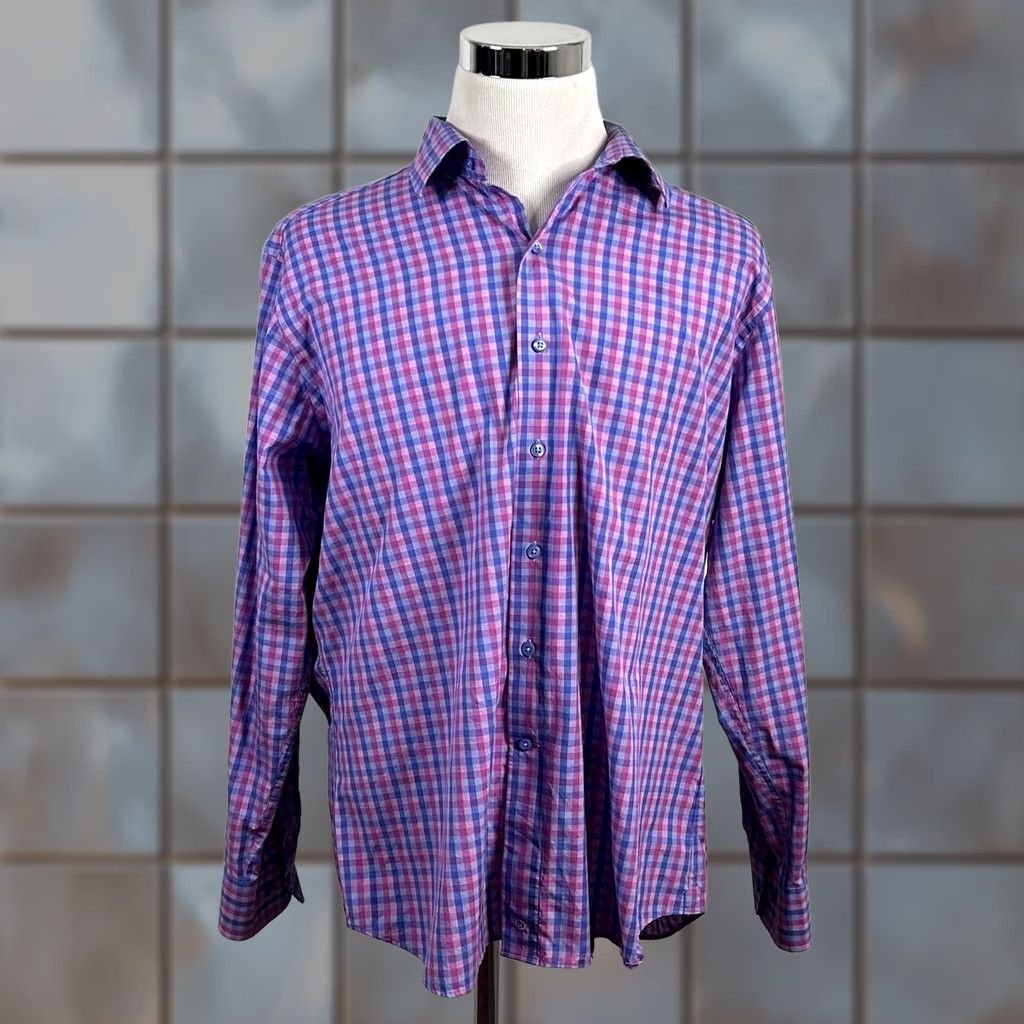 David Donahue David Donahue Dress Shirt Plaid 100% Cotton 17.5 35 Fusion Regular Fit Pink Blue Shirt Mens Size 48R - 1 Thumbnail