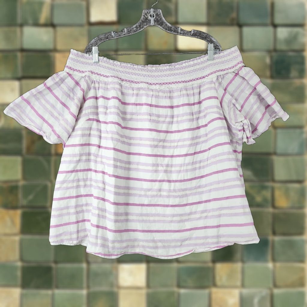 Vintage Lane Bryant Womens Blouse Striped White Pink Short Sleeve Loose 26/28 Size 4XL / US 24-26 - 1 Thumbnail