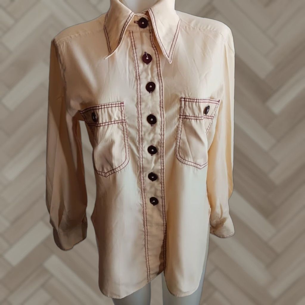 Vintage 1970s Rayon Mod Blouse Women's Medium Purple Stitching Casual GoGo Style by House
