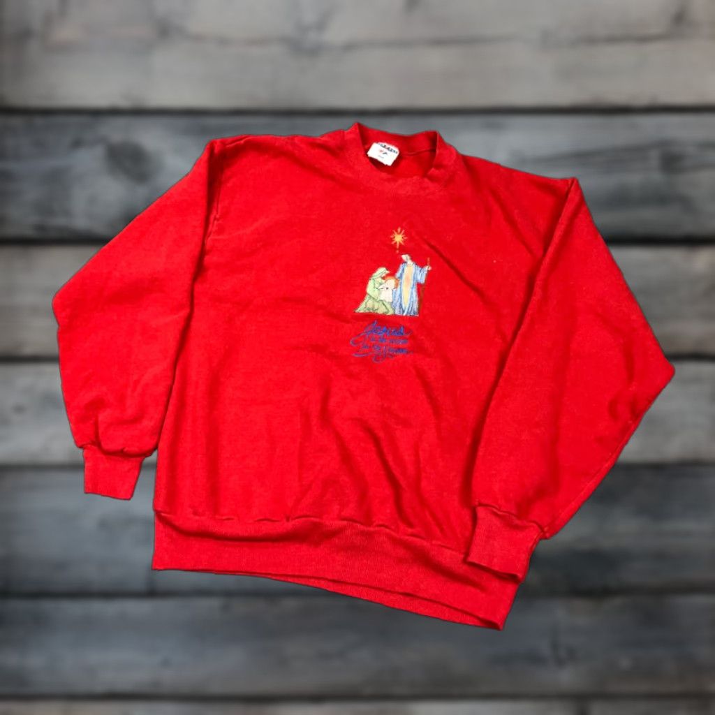 Jerzees VINTAGE Jerzees Christmas Jesus Reason For Season Sweatshirt Adult XL Red Embroidered Size XL / US 12-14 / IT 48-50 - 1 Thumbnail