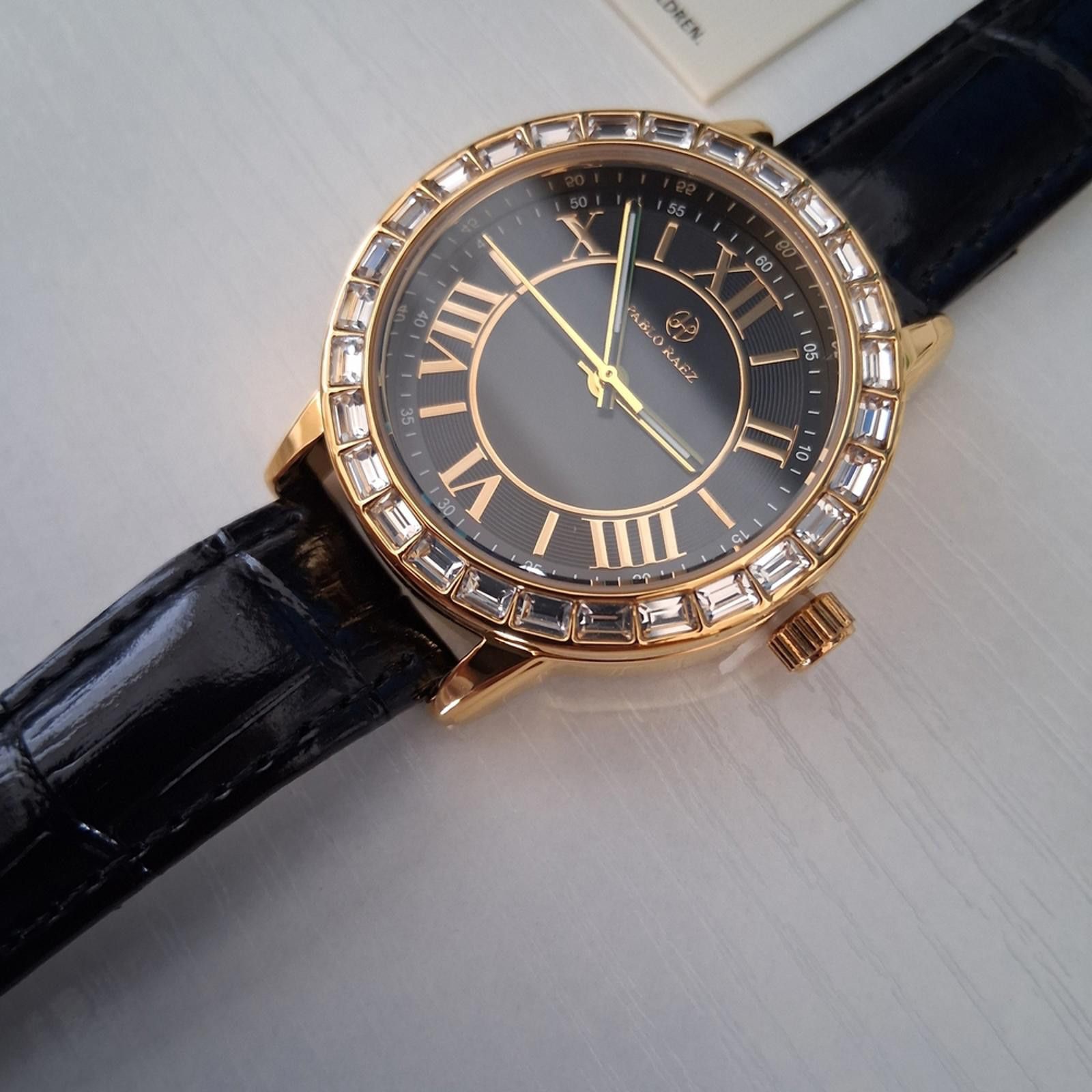 Pablo Raez 34mm Crystal & Leather Luxury Gold Filled Watch