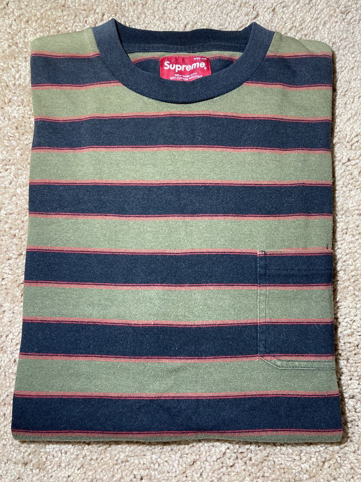2008 Supreme Olive Striped Pocket Tee 2000s Vintage 00s M OG