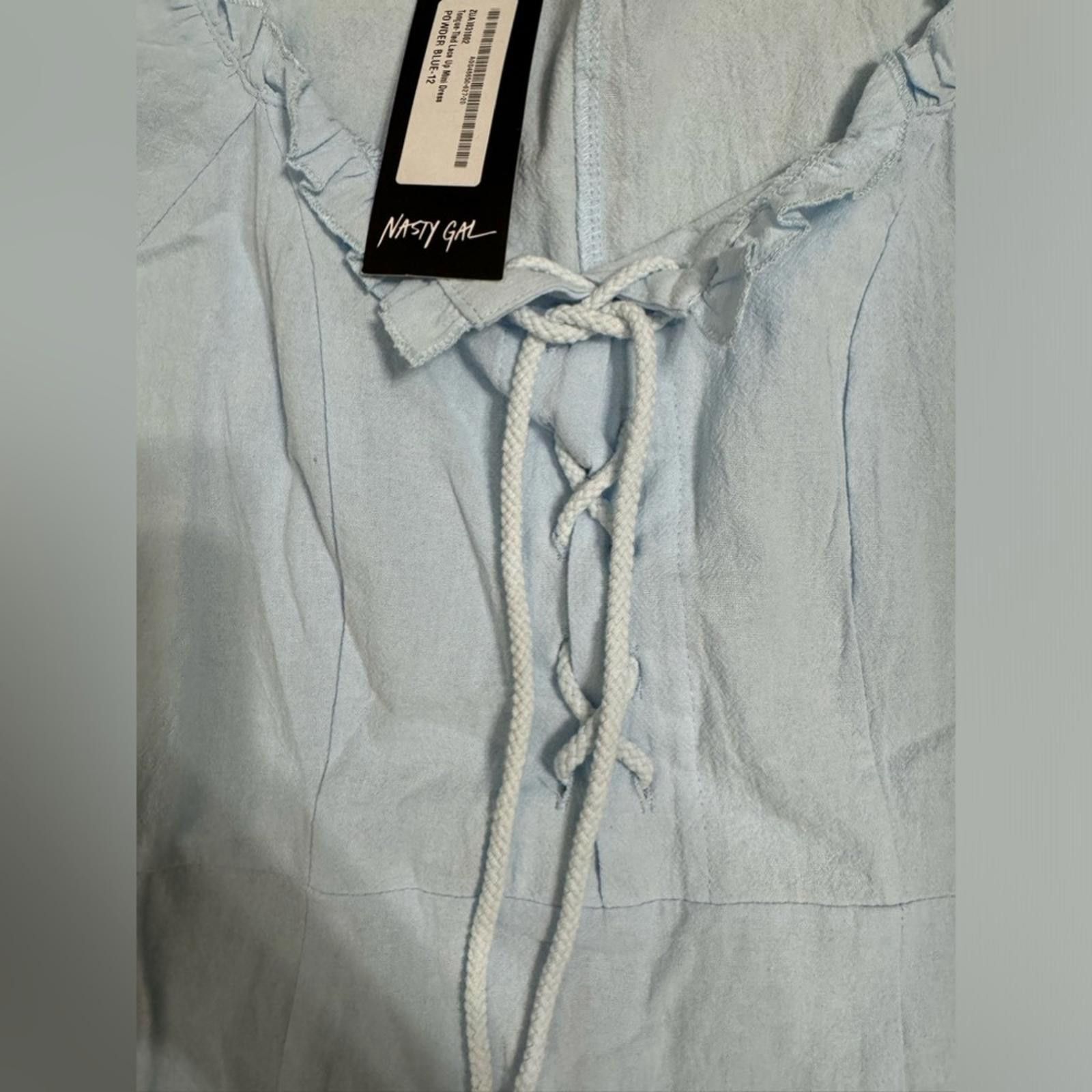 Designer NWT Nasty Gal Light Blue Linen Lace Up Mini Dress- Size 8 Size M / US 6-8 / IT 42-44 - 6 Thumbnail