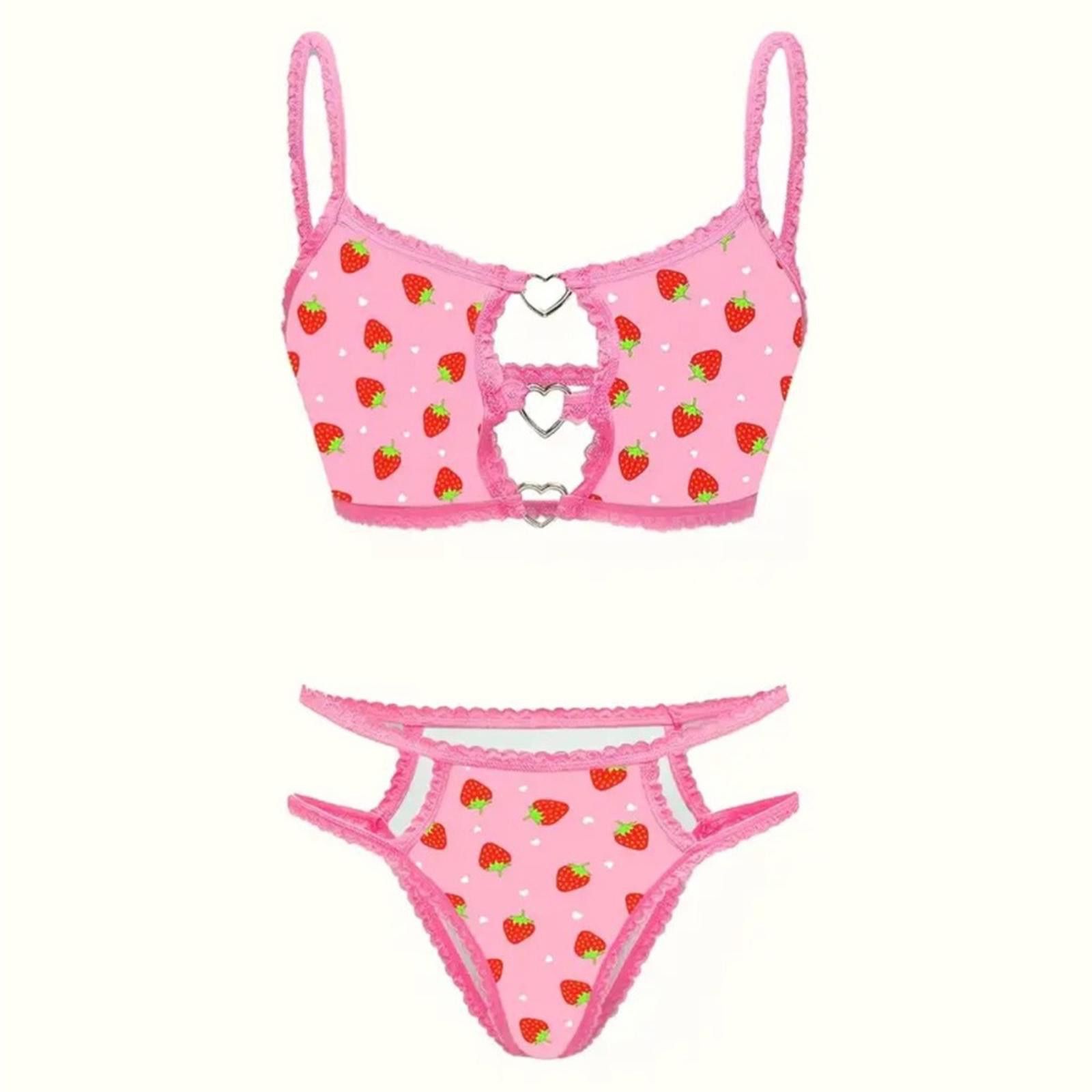 Designer Pink Strawberry Print Lingerie Set NWT Size ONE SIZE - 1 Thumbnail