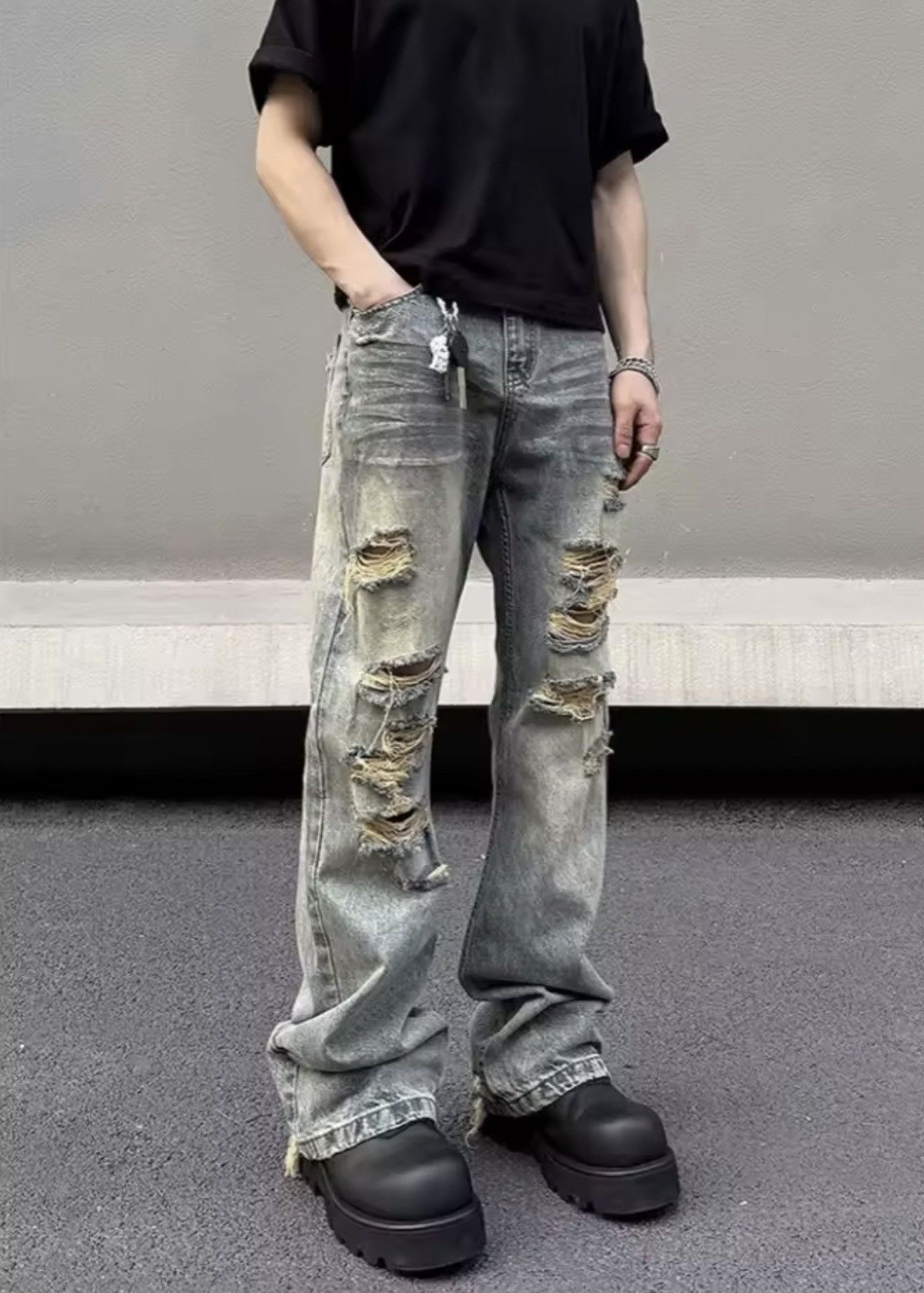 Jean Trashy Y2K 2000S Streetwear Washed Blue Stacked Ripped Jeans Size US 31 - 5 Thumbnail