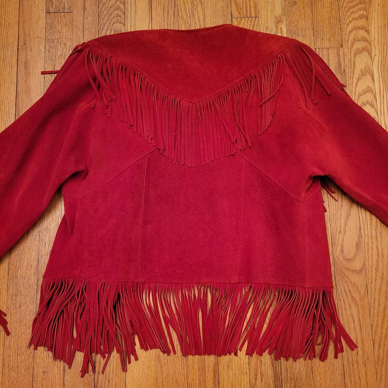Vintage M Red Suede Fringe Beaded Show Jacket Western Boho Leather Size M / US 6-8 / IT 42-44 - 4 Thumbnail