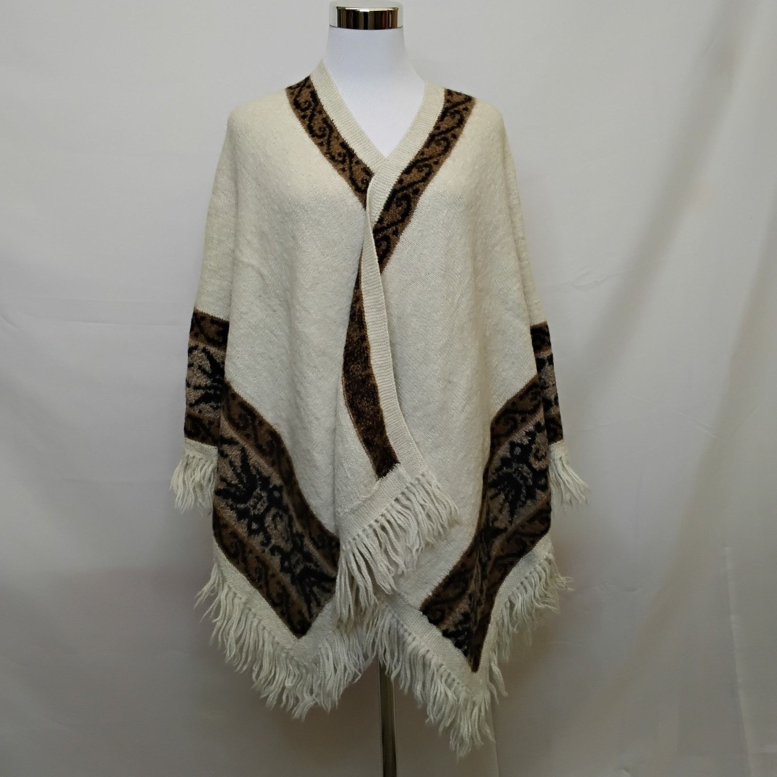 Other Fotrama Shawl O/S Brown Fringe 100% Alpaca Wool Handmade Size ONE SIZE - 2 Thumbnail