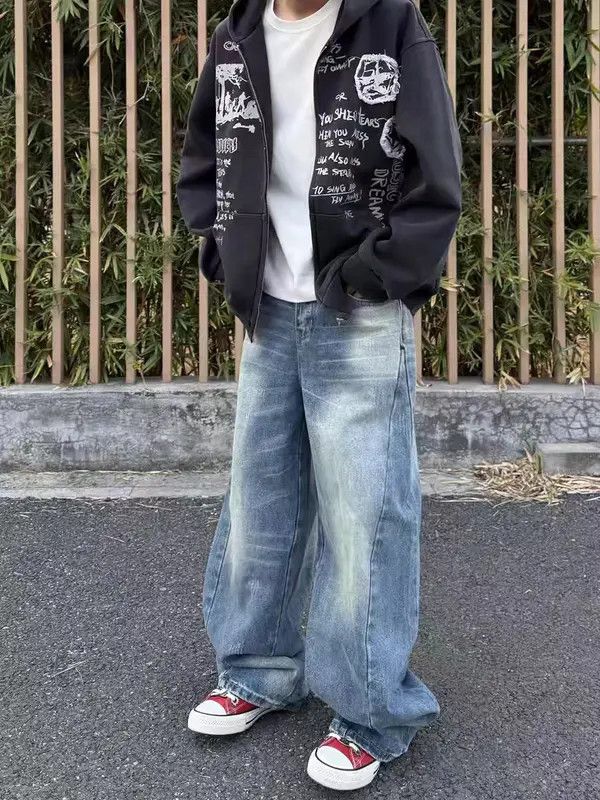VIBE Washed and whitened creased vintage baggy jeans Size US 34 / EU 50 - 4 Thumbnail