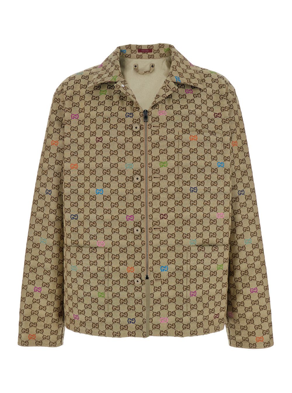 Beige Shirt with Spread Collar and Two Front Welt Pockets in GG Canvas Man