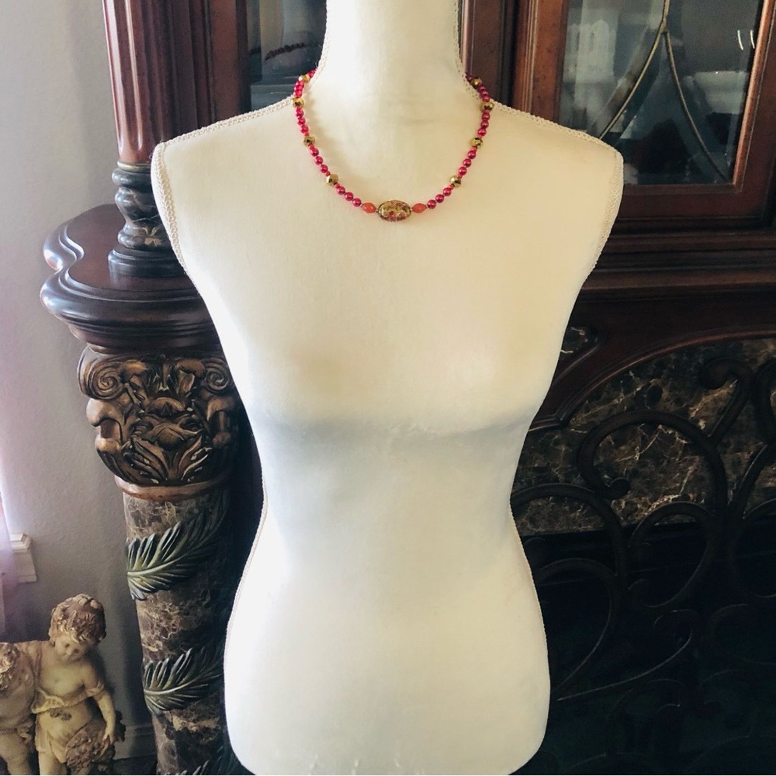Handmade Handcrafted repurpose crystal red coral Pearl necklac Size ONE SIZE - 5 Thumbnail