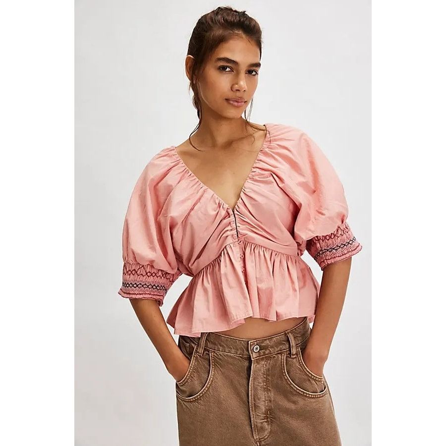 Free People New Where We Meet Smocked Blouse $128 MEDIUM Rose Blush Pink Size M / US 6-8 / IT 42-44 - 1 Thumbnail