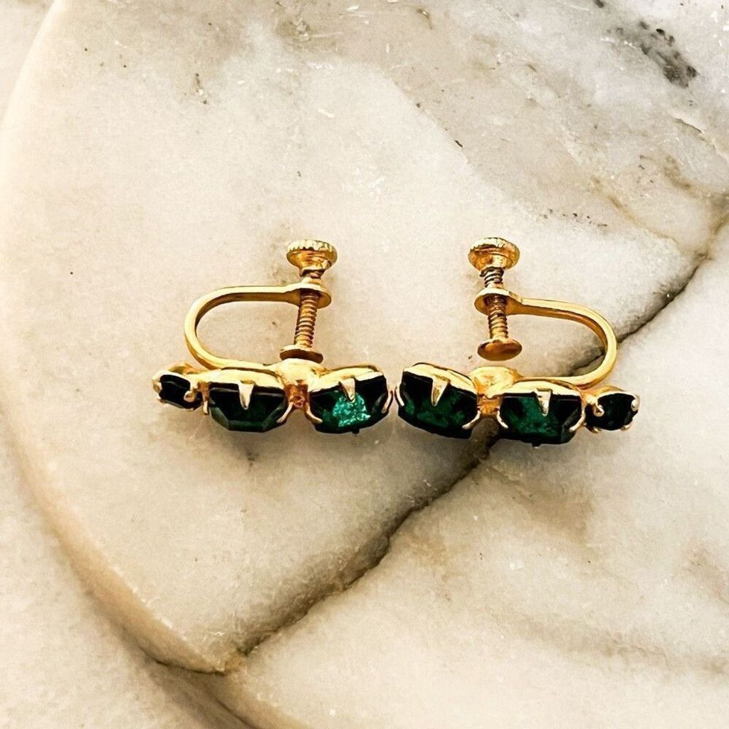 Vintage Vintage Screw Back Crystal Earrings Green Gold Size ONE SIZE - 5 Thumbnail