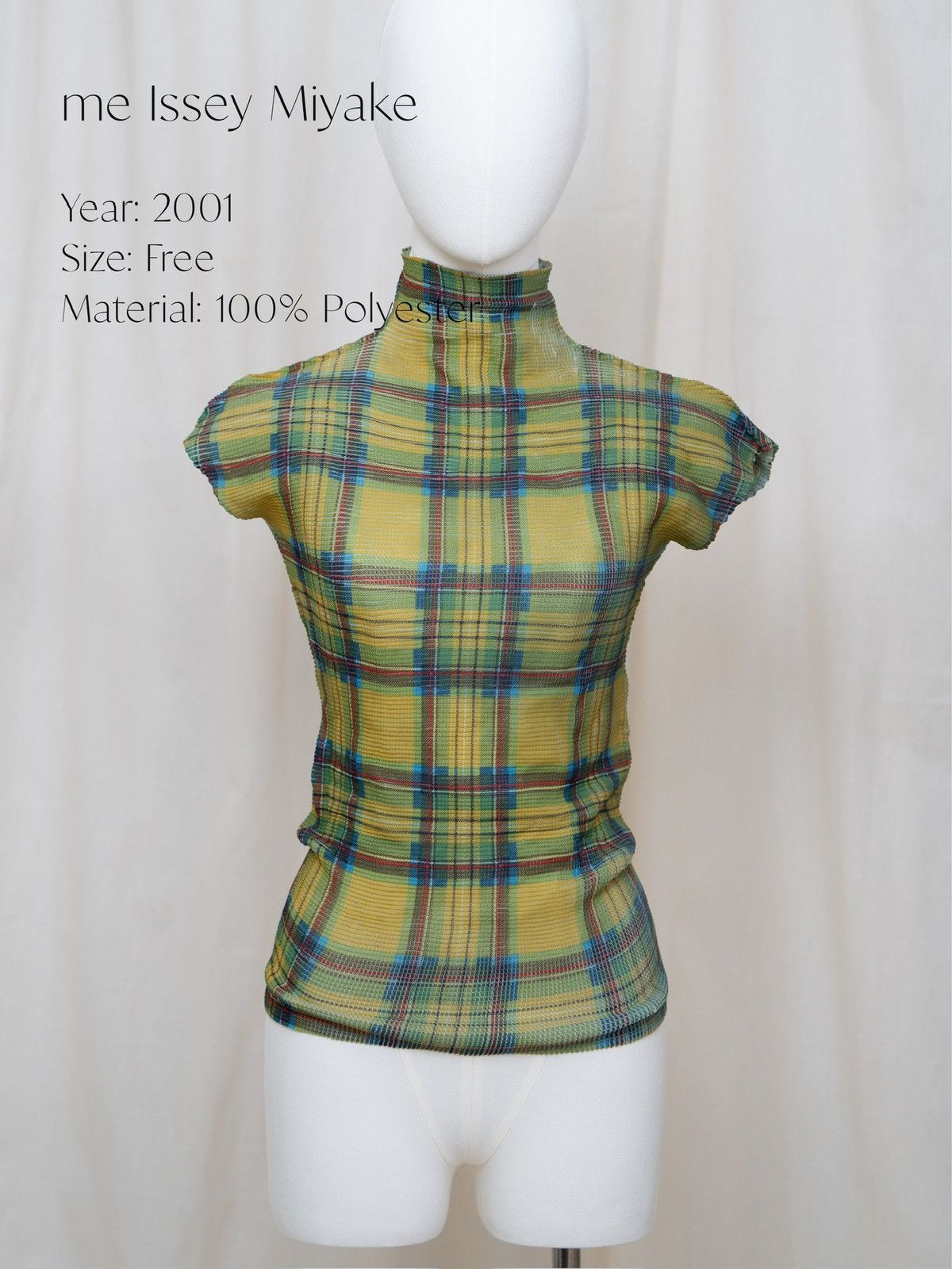 Issey Miyake Issey Miyake Green Plaid Pleated Turtleneck Short-Sleeve Top Size ONE SIZE - 1 Thumbnail