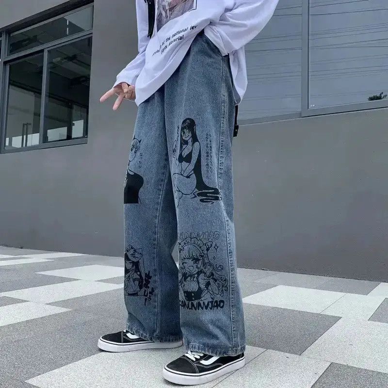 Japanese Brand Unisex jeans graffiti print Korean American hip-hop style Size US 32 / EU 48 - 1 Thumbnail