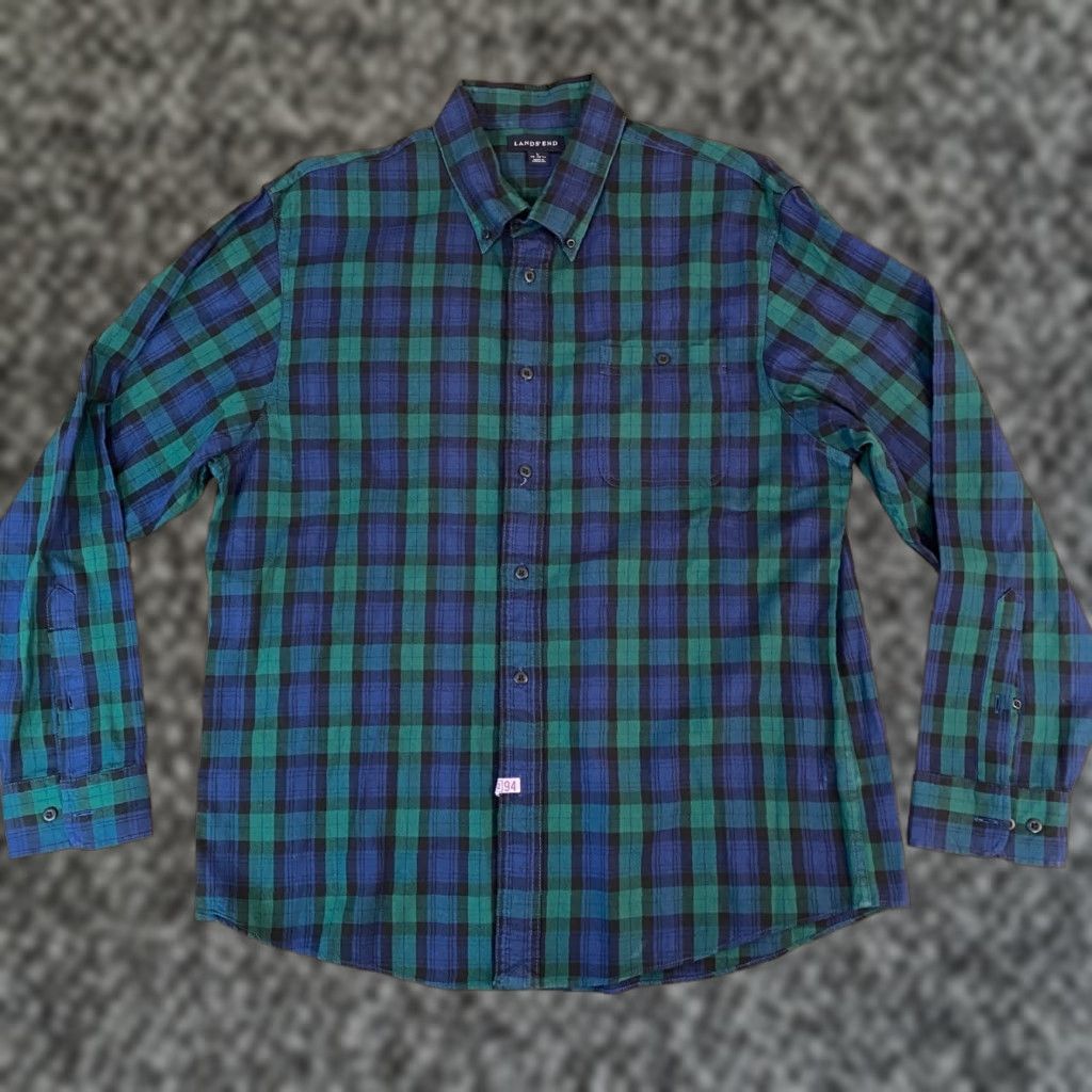 Lands' End Lands' End Oxford Shirt Mens Large Button-Down Plaid Tartan Blackwatch Cotton Flannel Long Sleeve Chest Pocket Casual Button-Up Classic Collar-Down Size US L / EU 52-54 / 3 - 1 Thumbnail