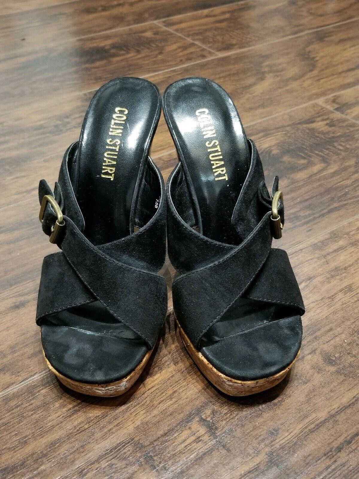 Designer Colin Stuart Heels Size 7.5 Black Cork Bottoms Peep Toe Size US 7.5 / IT 37.5 - 1 Thumbnail