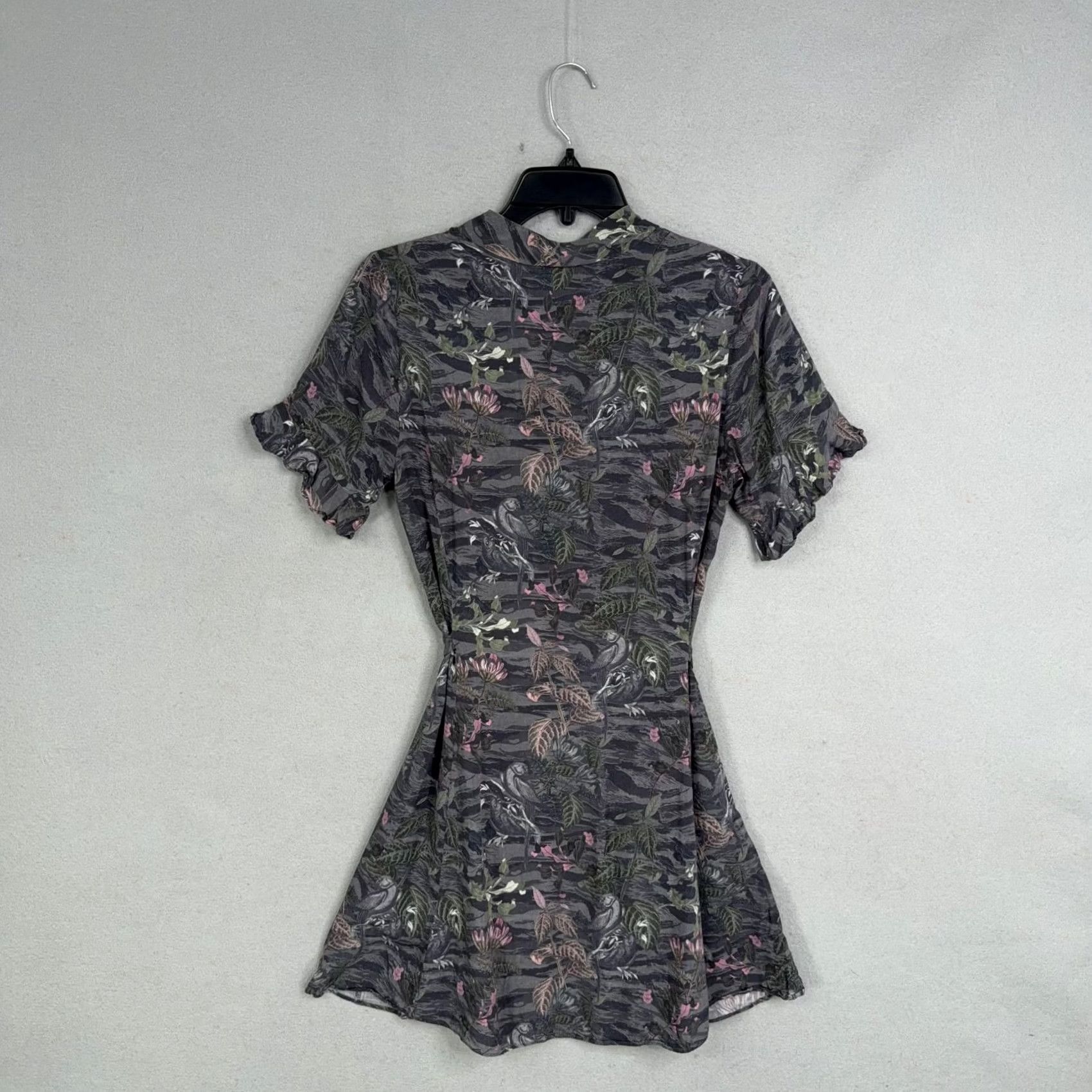 Allsaints VINTAGE AllSaints Dress Womens Small Gray Floral Bird Print V Neck Belted Mini Fit Flare Size S / US 4 / IT 40 - 6 Thumbnail