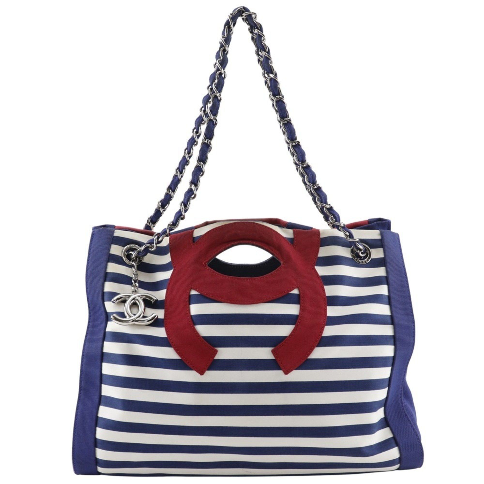 Chanel Chain Tote Bag Cruise Line Border 7944 Cotton X Nylon Navy 2Way Women's in Blue