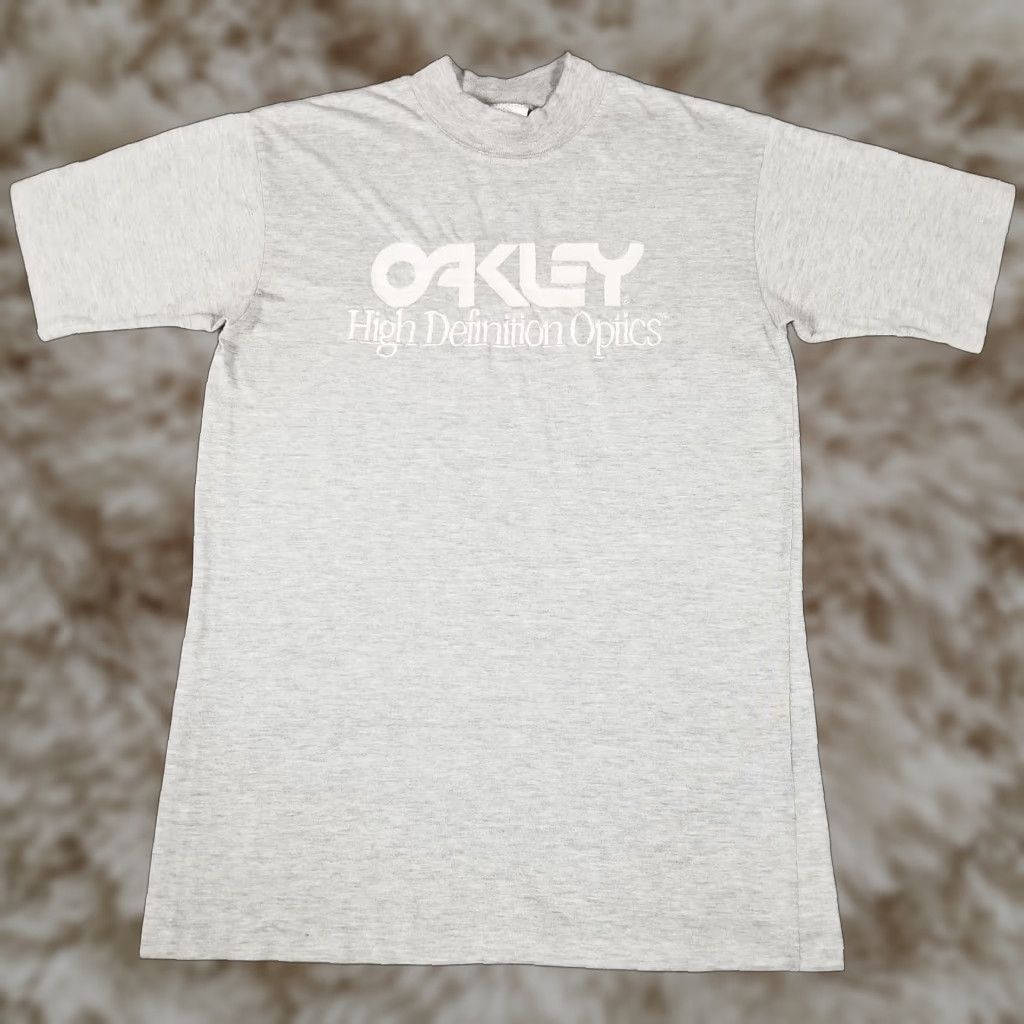 VINTAGE Oakley Shirt Mens Medium Gray Embroidered Spellout HD Optics 80s USA Made T-Shirt Mens