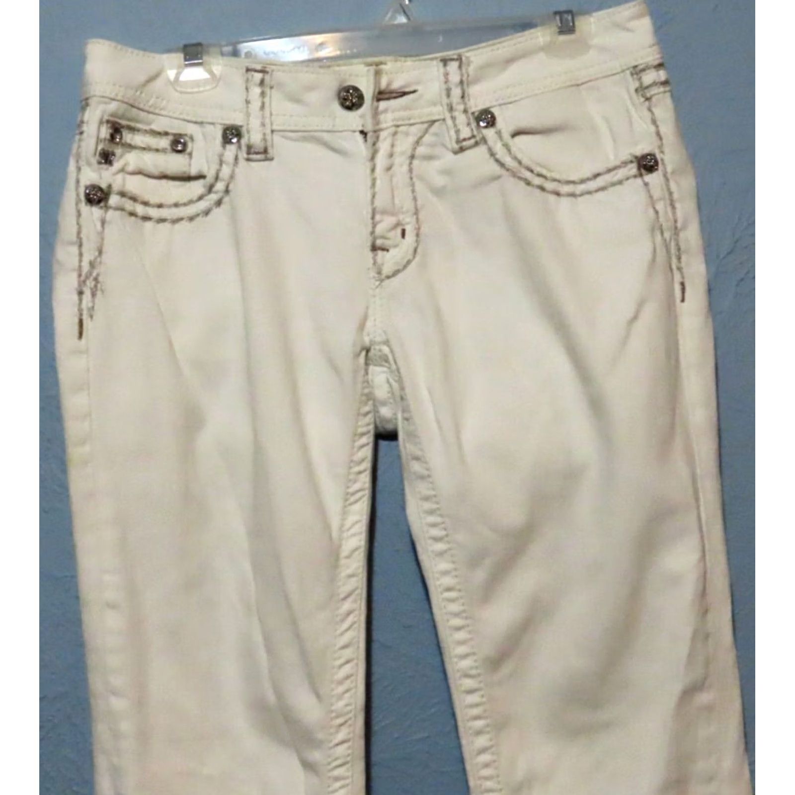 Miss Me Miss Me Signature Skinny Jeans 29 White Embroidered Rhinestone Denim Zip Low Rise Slim Rock Womens Jeans Size 29" - 3 Thumbnail
