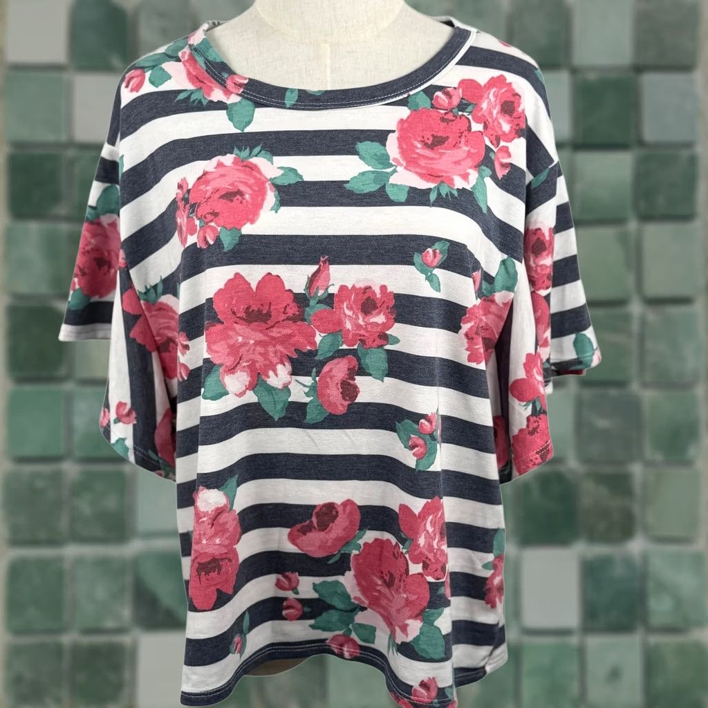 Pinko Womens Large Top Navy White Striped Floral Boxy Tee 4152-1P Boho Size L / US 10 / IT 46 - 1 Thumbnail