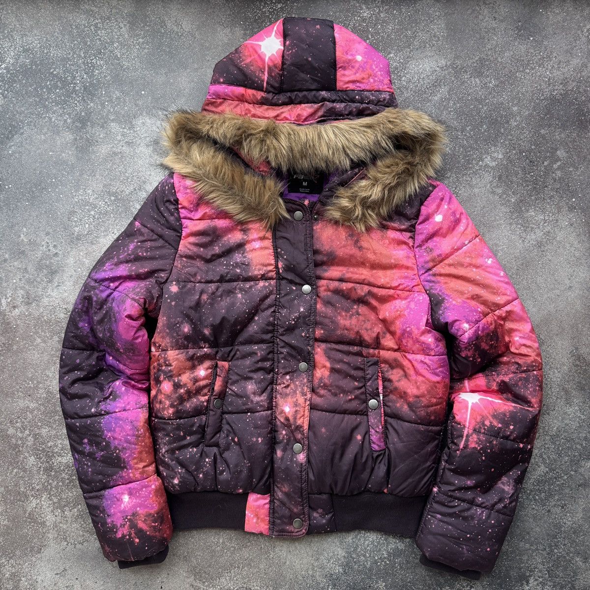 Fbsister Y2K Galaxy Print Faux Fur Hooded Puffer Jacket