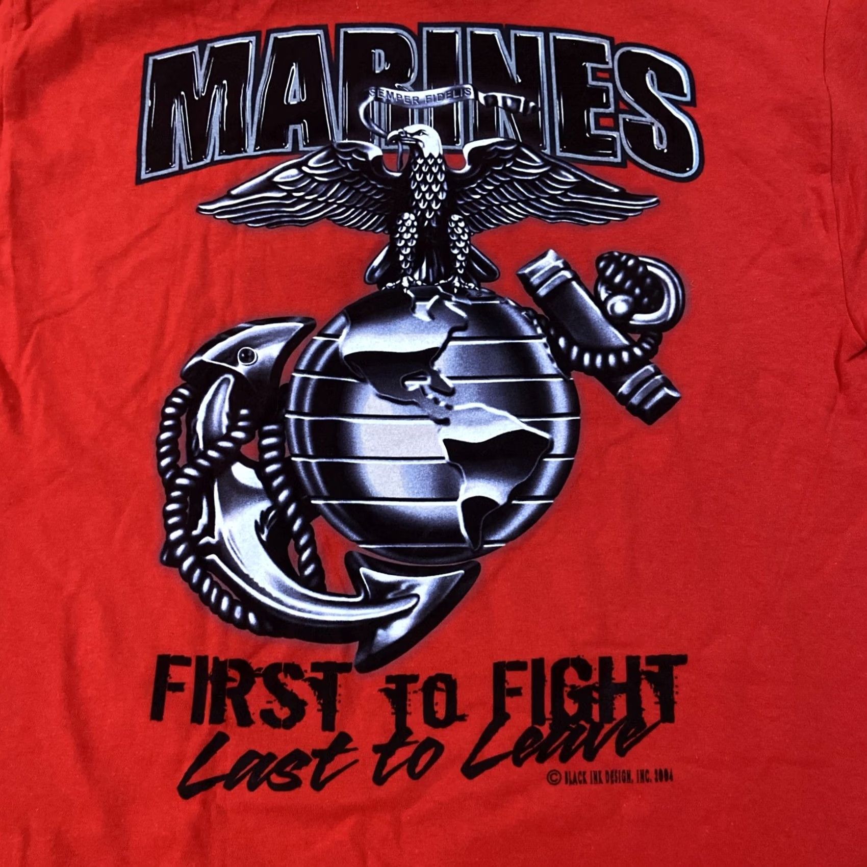 Vintage Black Ink Design USMC T-Shirt Men's L Short Sleeve Crew Neck Red Cotton Graphic Print Logo NWT 2004 Vintage: No Military Theme Autumn Year 2004? Size US L / EU 52-54 / 3 - 2 Thumbnail