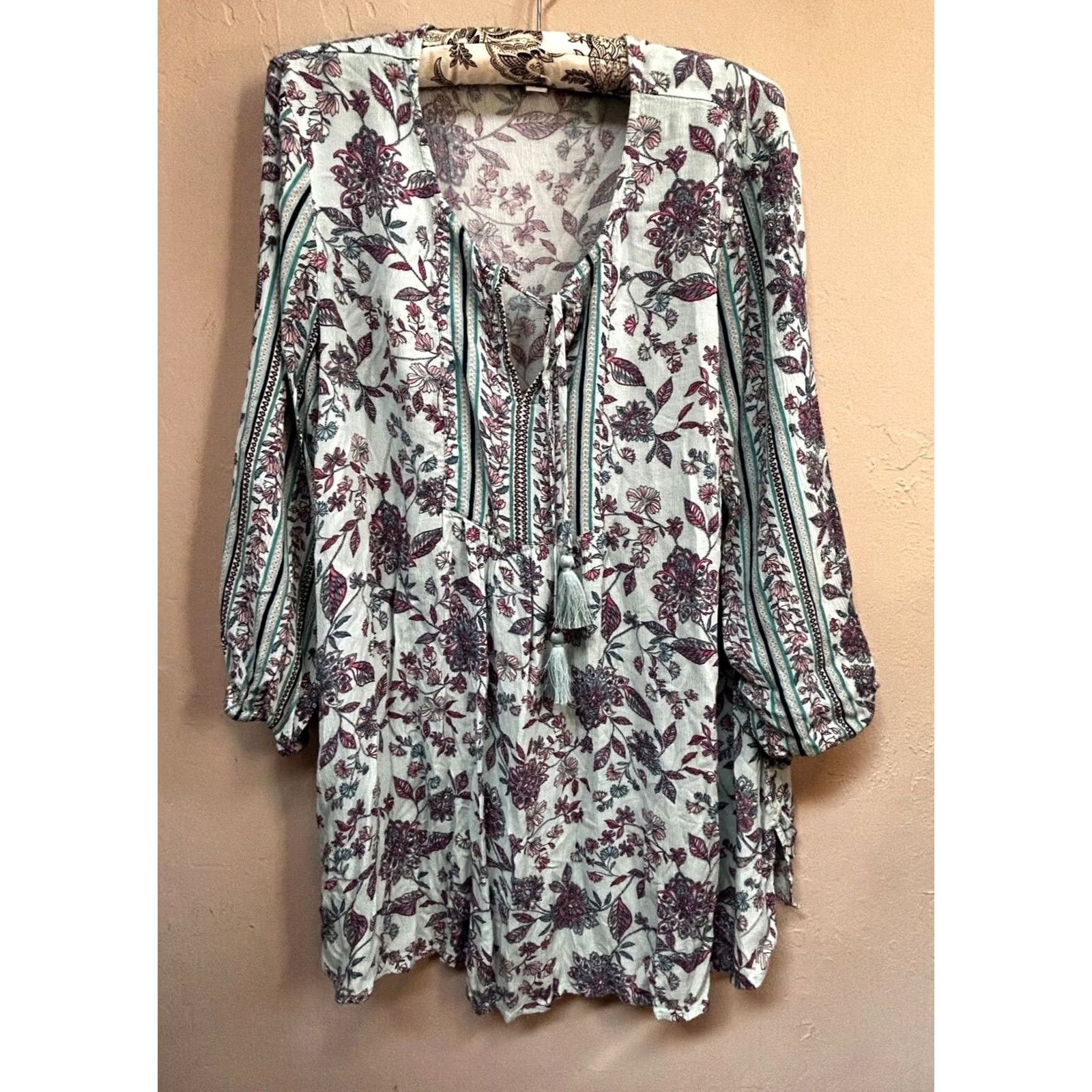 J. Jill J.Jill Blouse 3/4 Sleeve Floral Print Tassel Tunic Top M Multicolor Womens Regular XS-XL Size M / US 6-8 / IT 42-44 - 2 Thumbnail