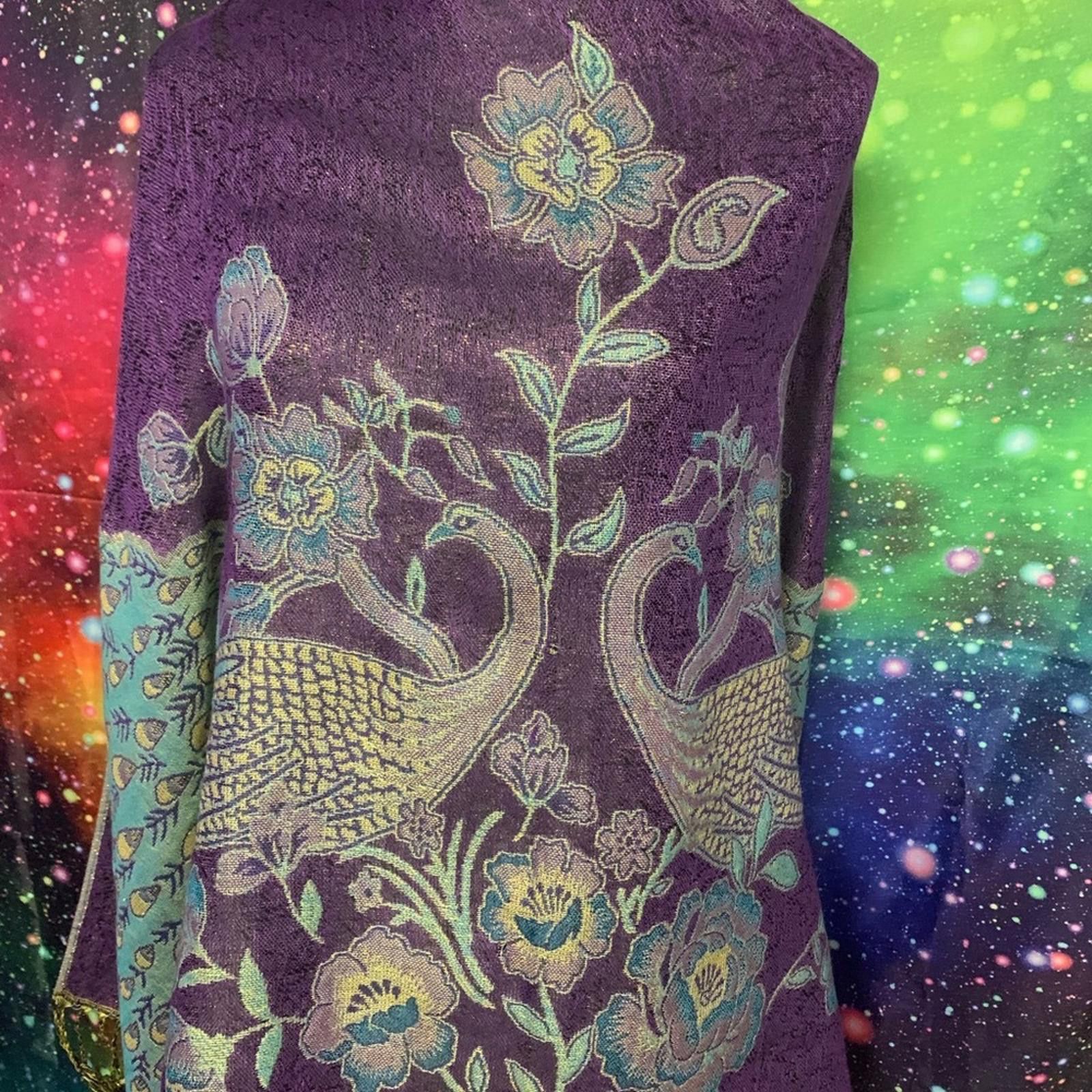 Designer Vibrant Purple Scarf with Peacock Design Size ONE SIZE - 1 Thumbnail
