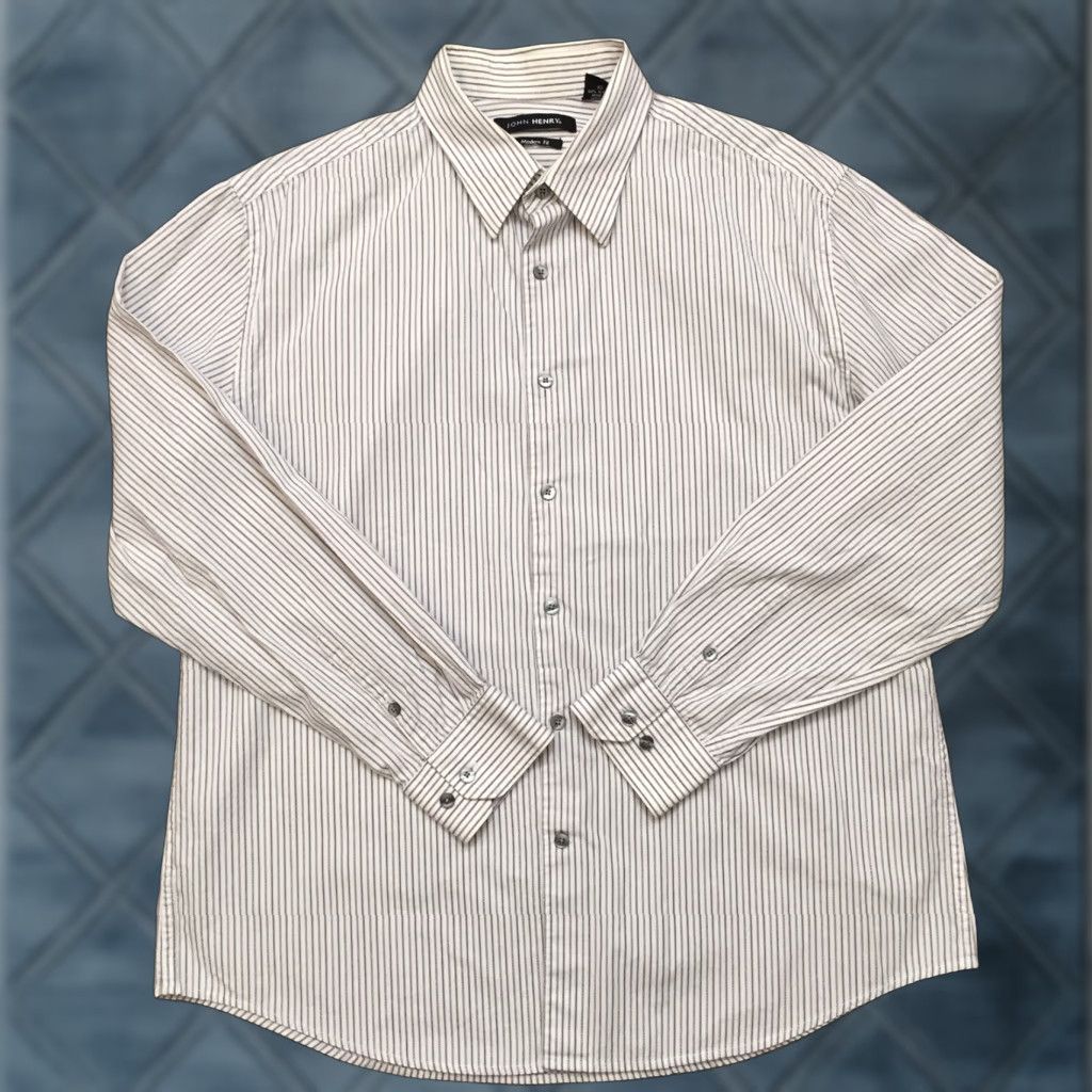 Vintage John Henry Shirt Mens XL White Silver Striped Long Sleeve Button Up Size US XL / EU 56 / 4 - 1 Thumbnail