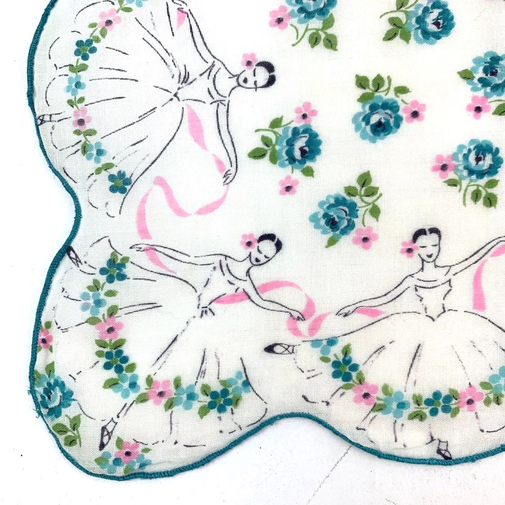 Vintage VINTAGE Handkerchief Ballerina Floral Scalloped White Teal Pink Fabric 12 x 12 Women Size ONE SIZE - 3 Thumbnail