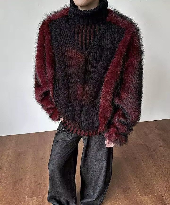 Other Avant Garde Black & Red Warm Fur Fluffy Sweater Jacket Y2k Size US L / EU 52-54 / 3 - 3 Thumbnail