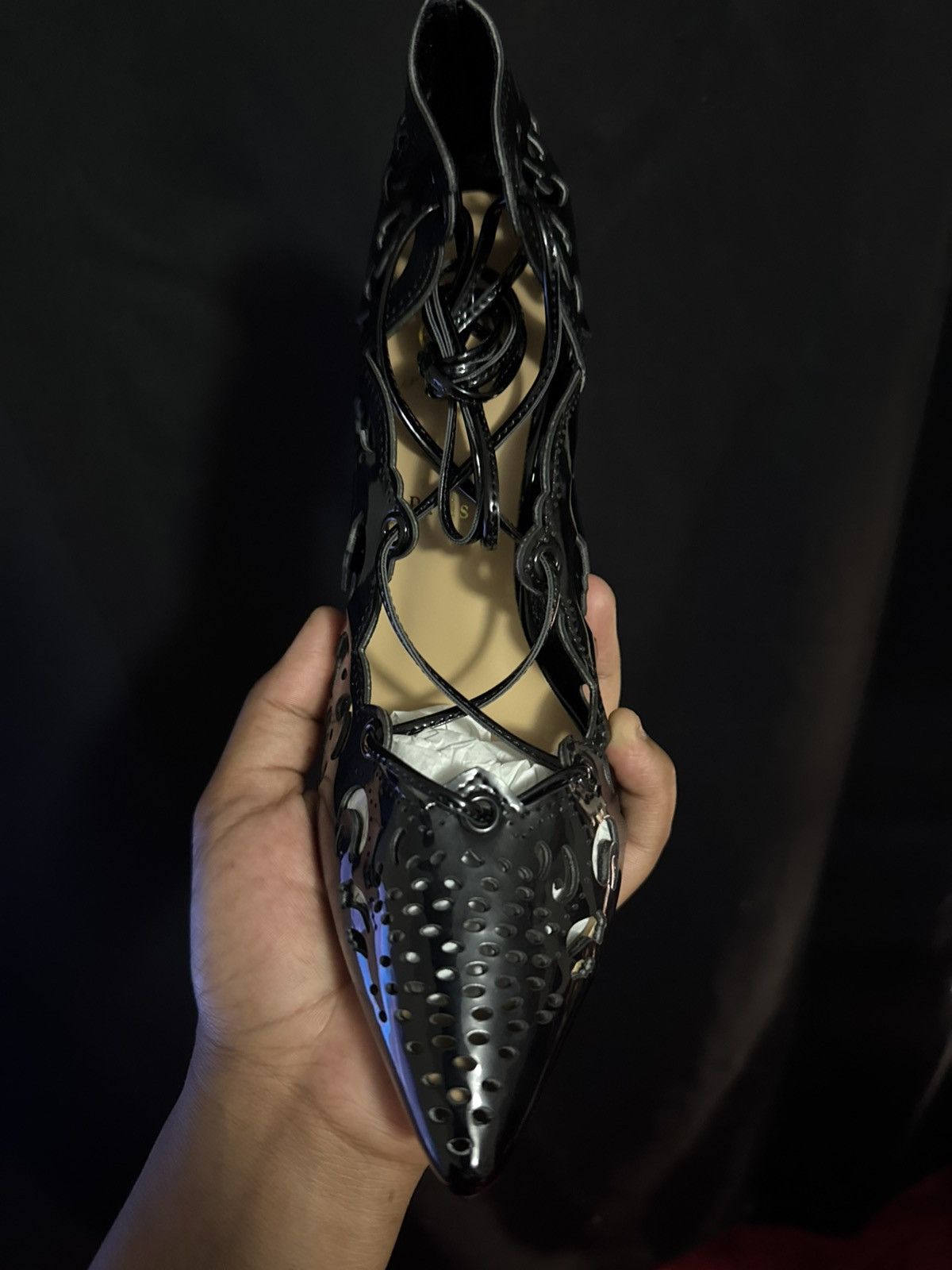 Christian Louboutin Christian Louboutin Black Patent Leather LaserCut Heels Mint Size US 7 / IT 37 - 8 Thumbnail