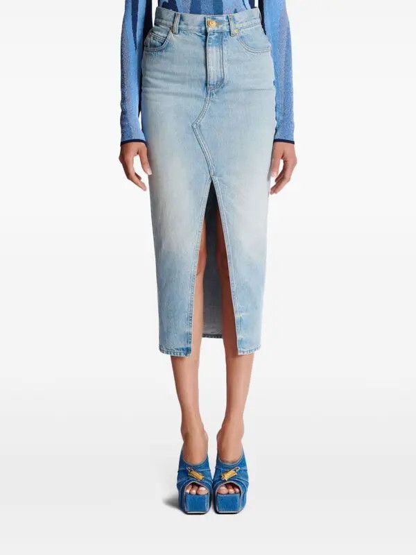 Balmain o1s1wg111225 Denim Midi Skirt in Blue Size 27" / US 4 / IT 40 - 2 Thumbnail