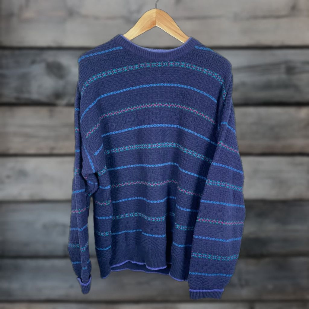 Vintage VINTAGE Isle of Cotton Men's XL Blue Striped Chunky-Knit Crewneck Sweater Size US XL / EU 56 / 4 - 1 Thumbnail
