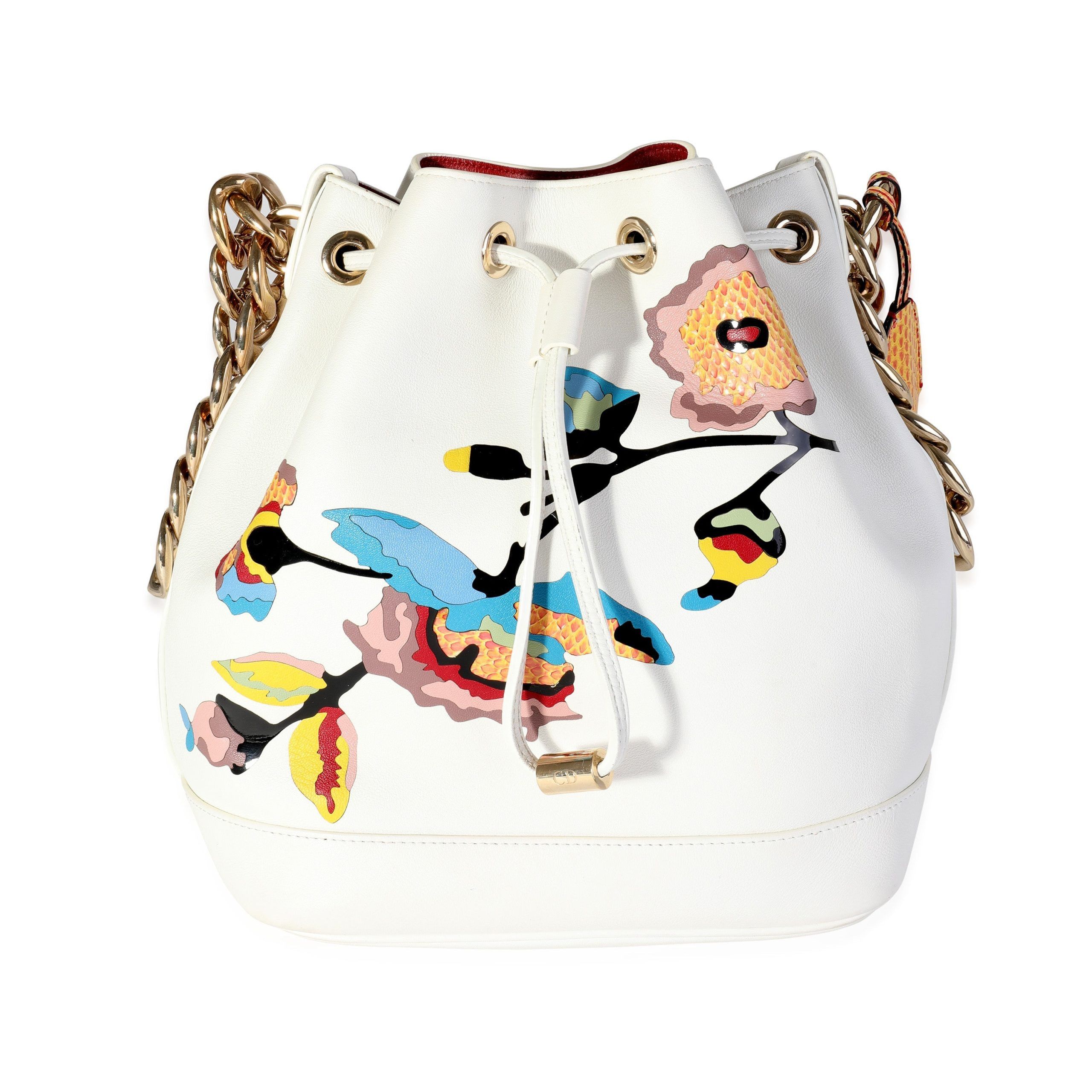 image of Dior White Calfskin & Multicolor Python Appliqué Paradise Bubble Bucket Bag, Women's