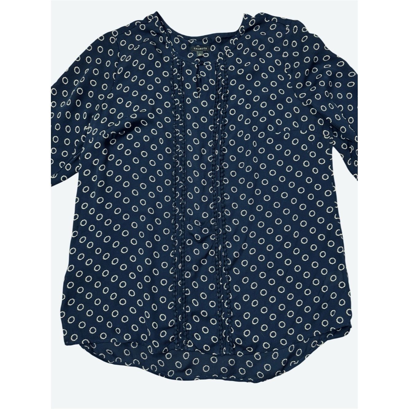 Talbots Talbots 100% Silk Navy and White Geometric Print 3/4 Sleeve Size L / US 10 / IT 46 - 3 Thumbnail