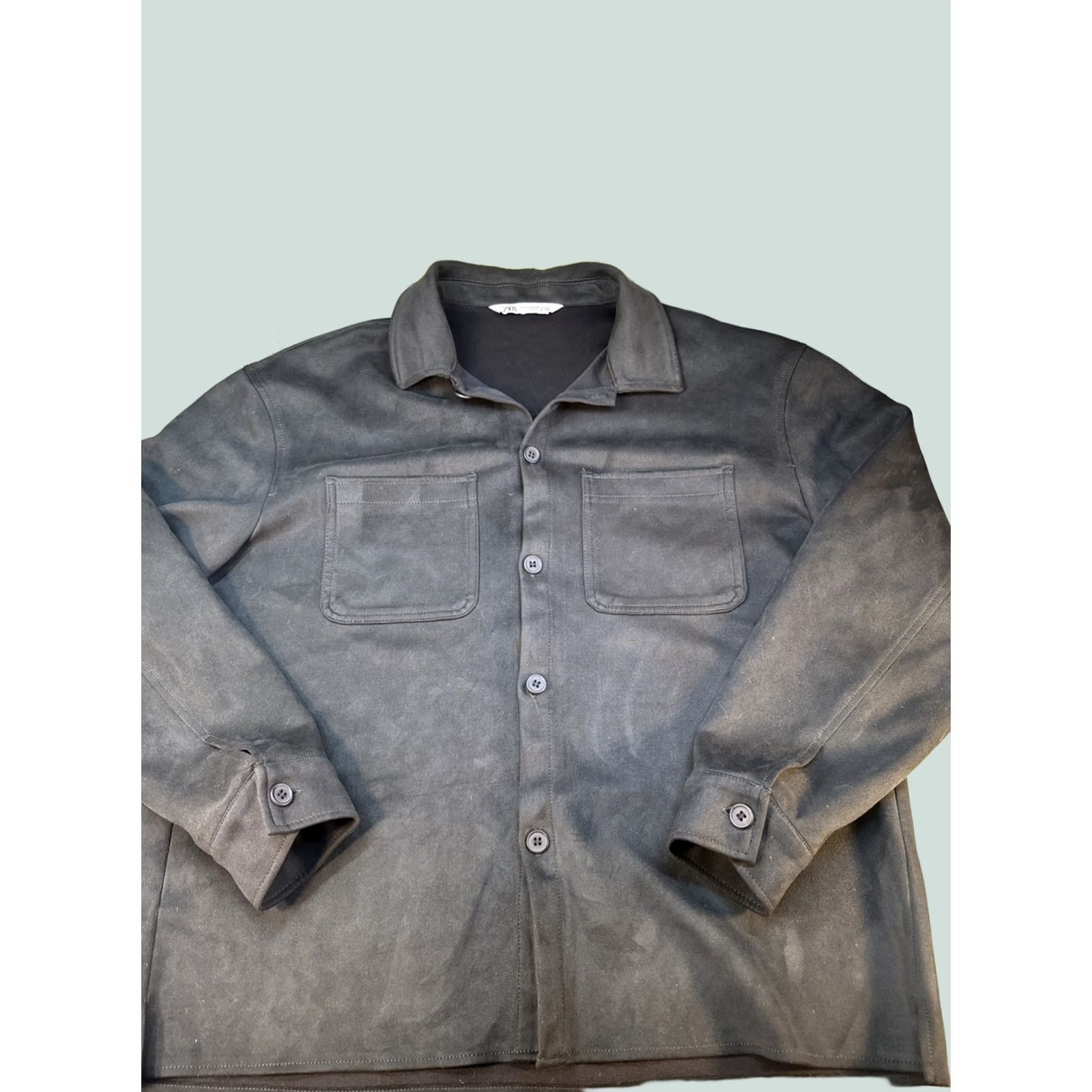 Zara Zara Shirt Jacket Men XL Olive Green Suede Feel Solid Polyester Casual Regular Light Dress Jacket ￼Walking Seasonal ￼Mens Size US M / EU 48-50 / 2 - 1 Thumbnail