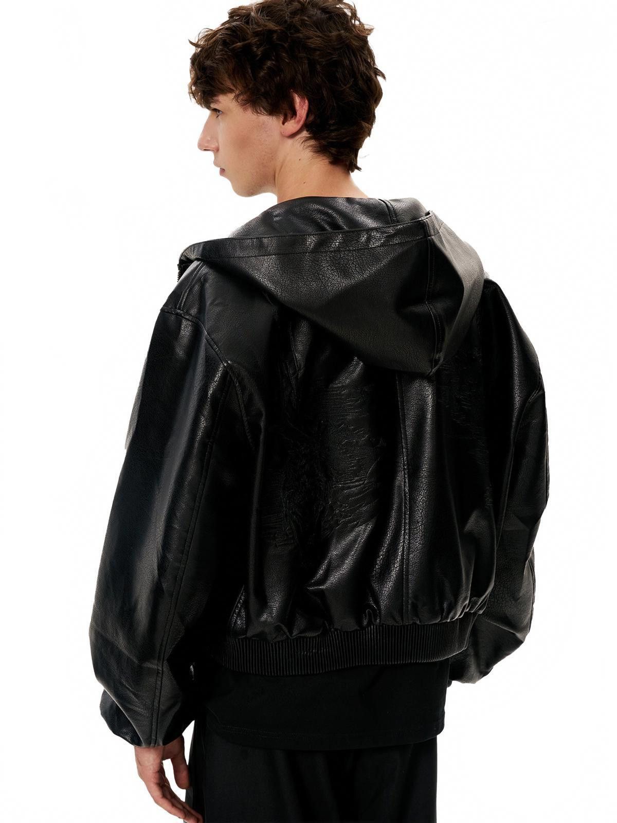 Japanese Brand Black Oversized Leather Hooded Jacket, Men's Outerwear Size US L / EU 52-54 / 3 - 5 Thumbnail
