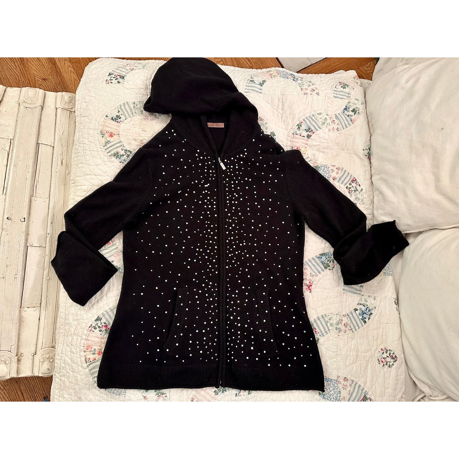 Other VINTAGE BLACK 100% CASHMERE RHINESTONE HOODIE S SUPER LUXE! Size S / US 4 / IT 40 - 3 Thumbnail