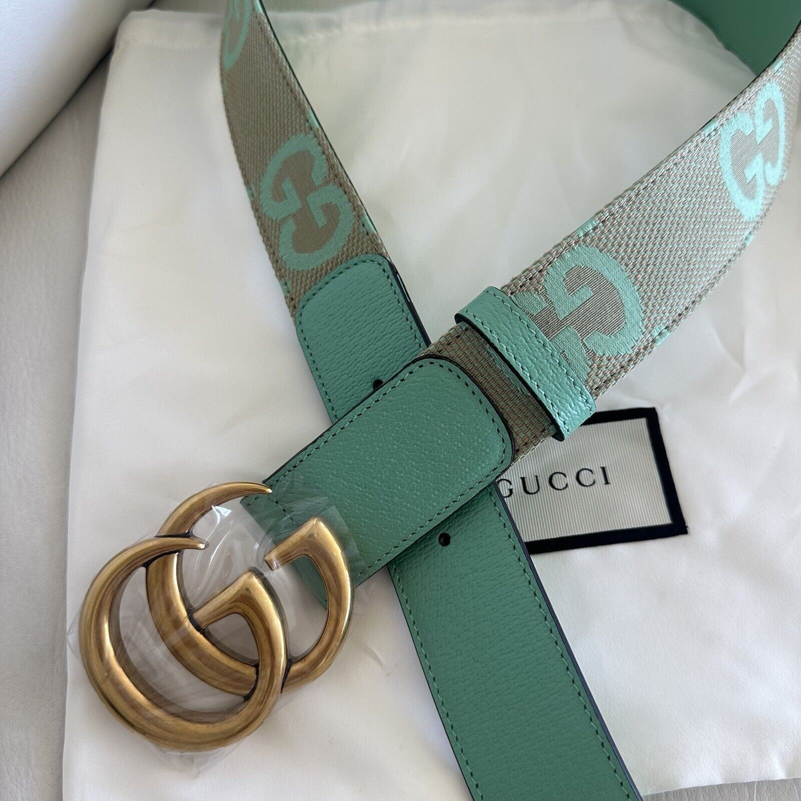 Gucci NEW Gucci GG Marmont Jumbo GG Belt Beige/Mint Size 85 inch 3 Size ONE SIZE - 6 Thumbnail