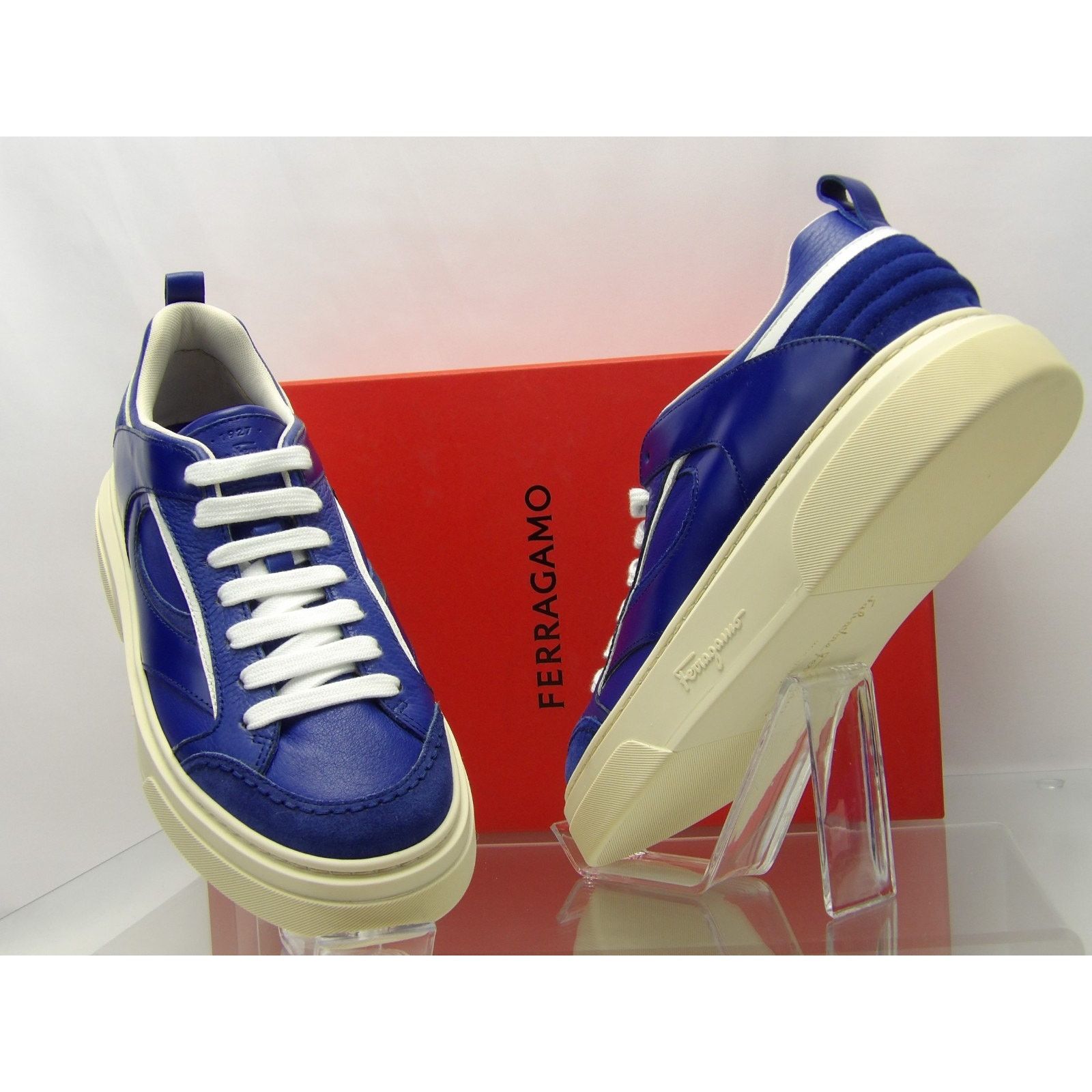 Salvatore Ferragamo FERRAGAMO CASSINA BLUE LEATHER LOGO LACE SNEAKERS 9 M ITALY Size US 10 / EU 43 - 4 Thumbnail