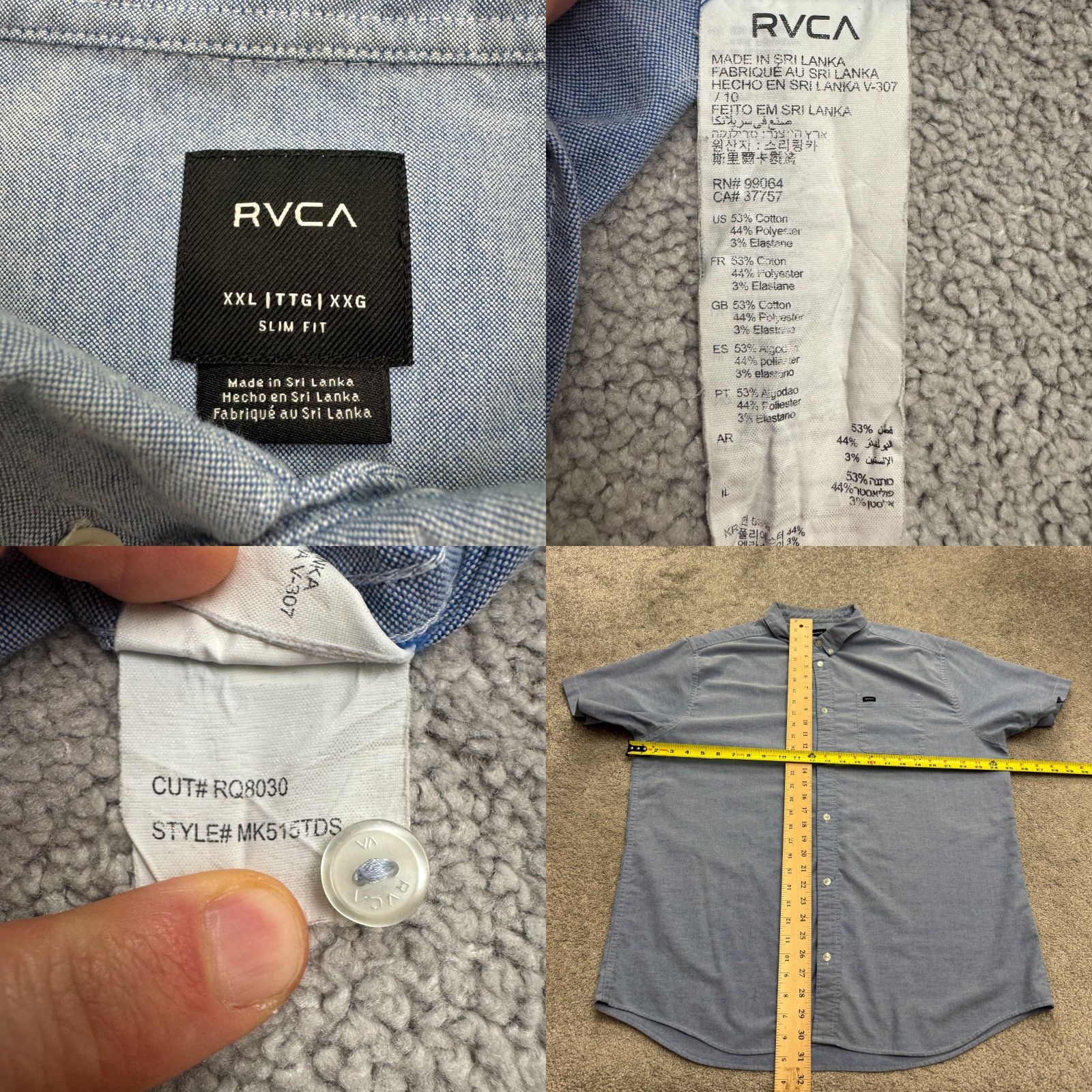 RVCA RVCA Slim Fit Button-Down Shirt Mens 2XL Blue Short Sleeve Chambray Classic Preppy Casual Shirt Size US XXL / EU 58 / 5 - 8 Thumbnail